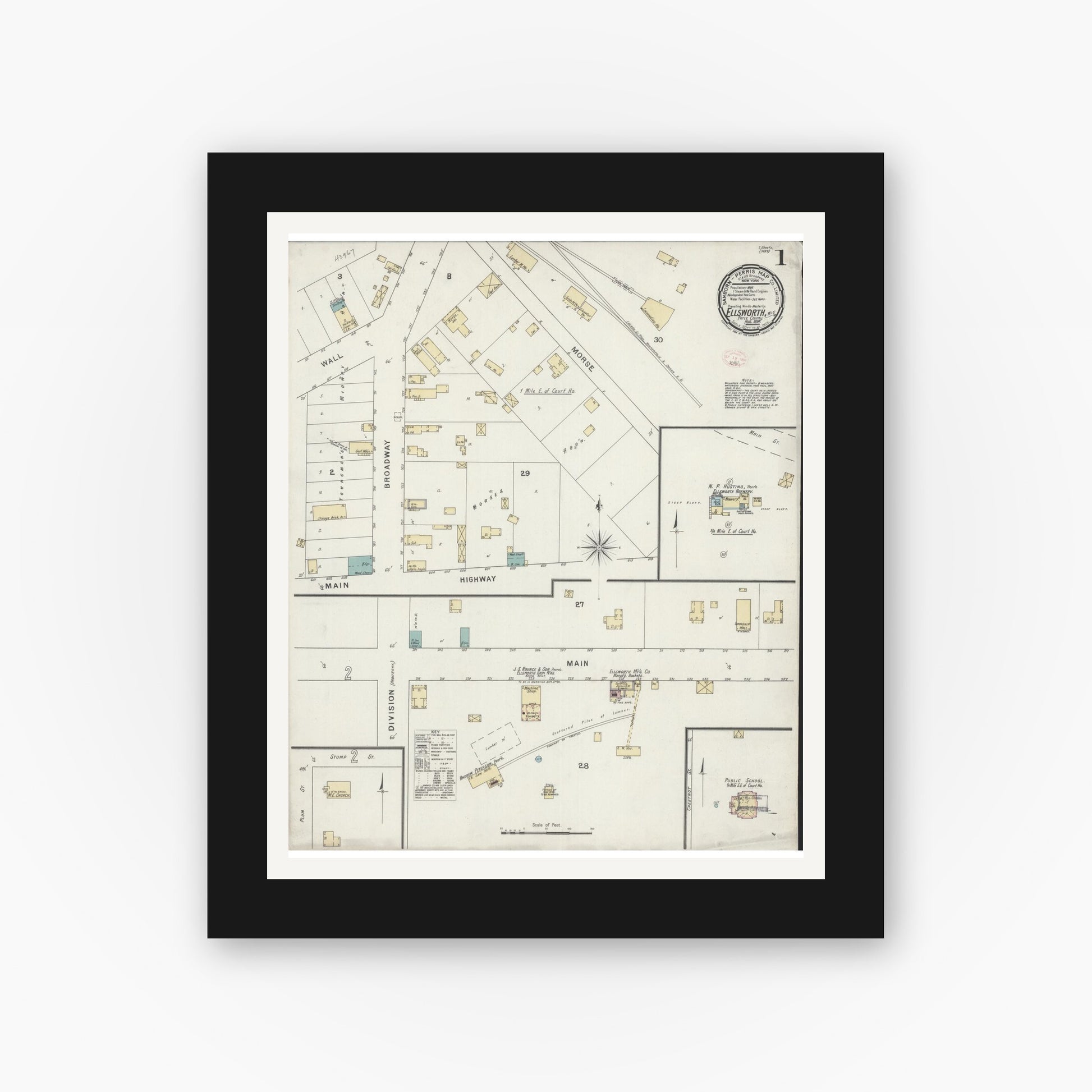 Old map wall art mockup — black gallery frame with white mat — Sanborn Fire Insurance Map from Ellsworth, Pierce County, Wisconsin (1894) - Complete Map Set