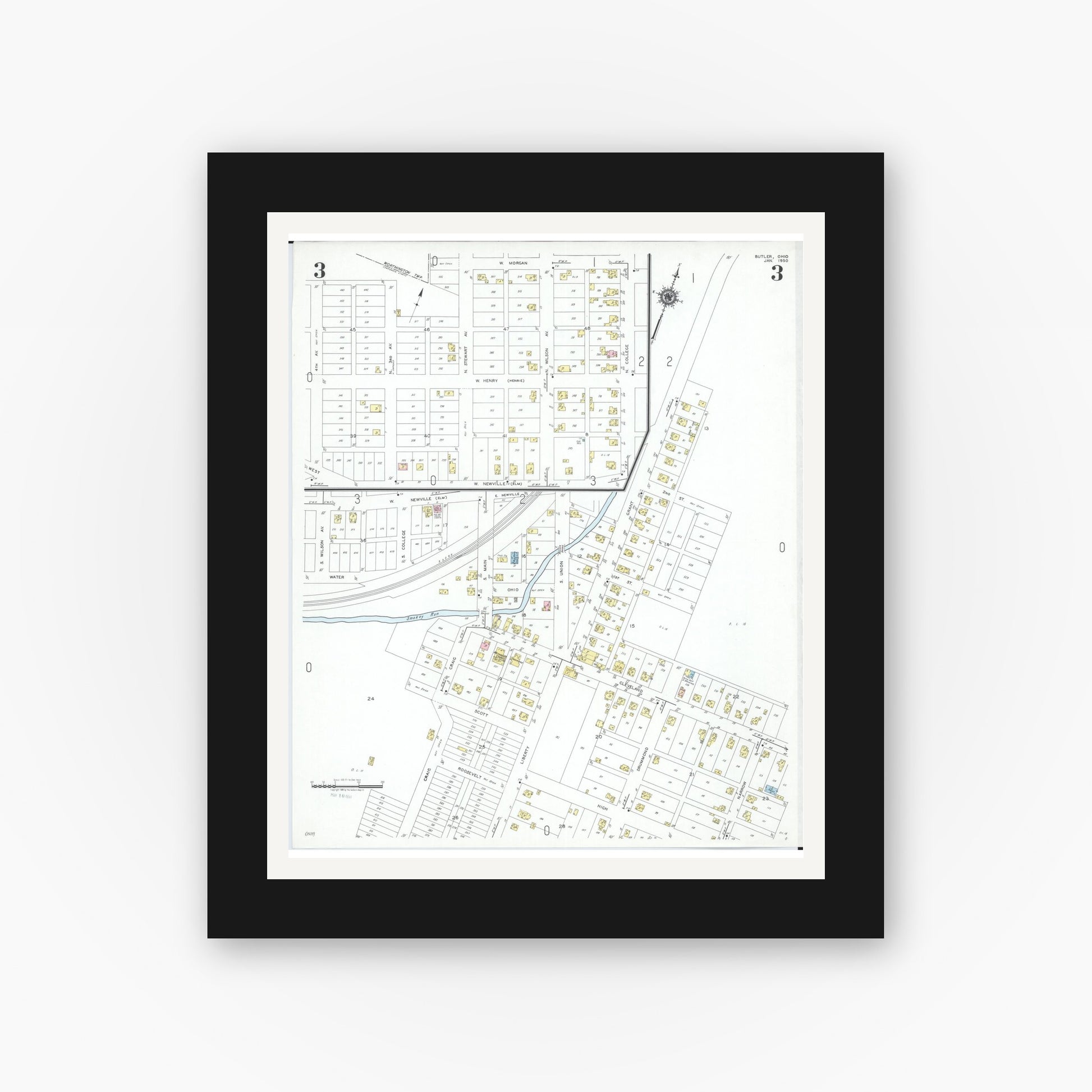 Old map wall art mockup — black gallery frame with white mat — Sanborn Fire Insurance Map from Butler, Richland County, Ohio (1950), Sheet #0003