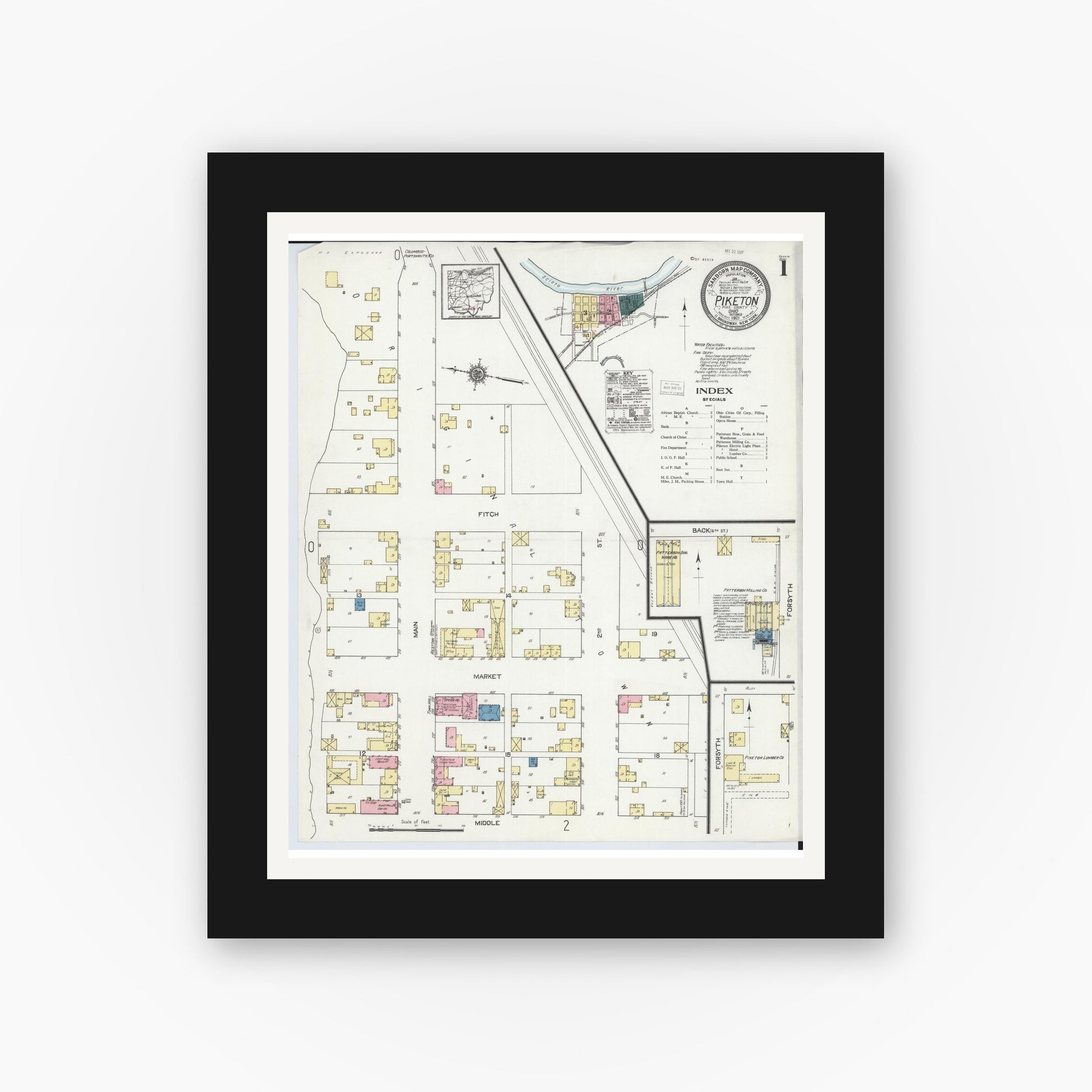 Old map wall art mockup — black gallery frame with white mat — Sanborn Fire Insurance Map from Piketon, Pike County, Ohio (1921), Sheet #0001