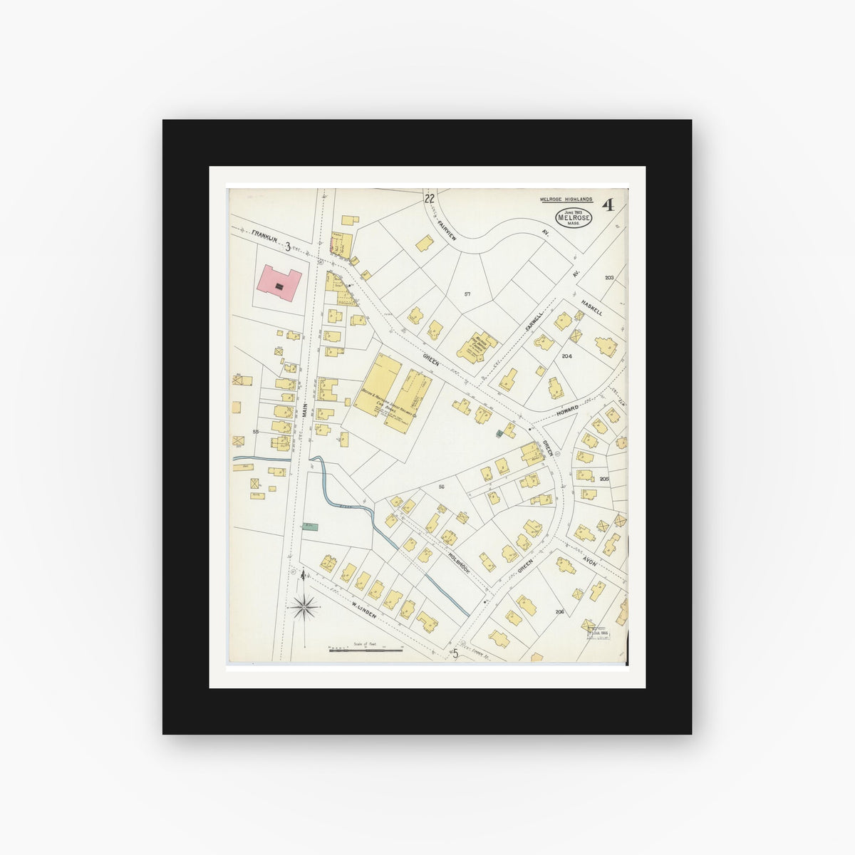 Old map wall art mockup — black gallery frame with white mat — Sanborn Fire Insurance Map from Melrose, Middlesex County, Massachusetts (1903), Sheet #0004