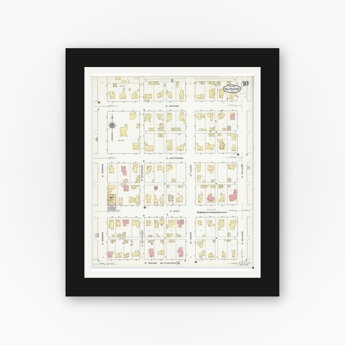 Old map wall art mockup — black gallery frame with white mat — Sanborn Fire Insurance Map from Valparaiso, Porter County, Indiana (1910), Sheet #0010