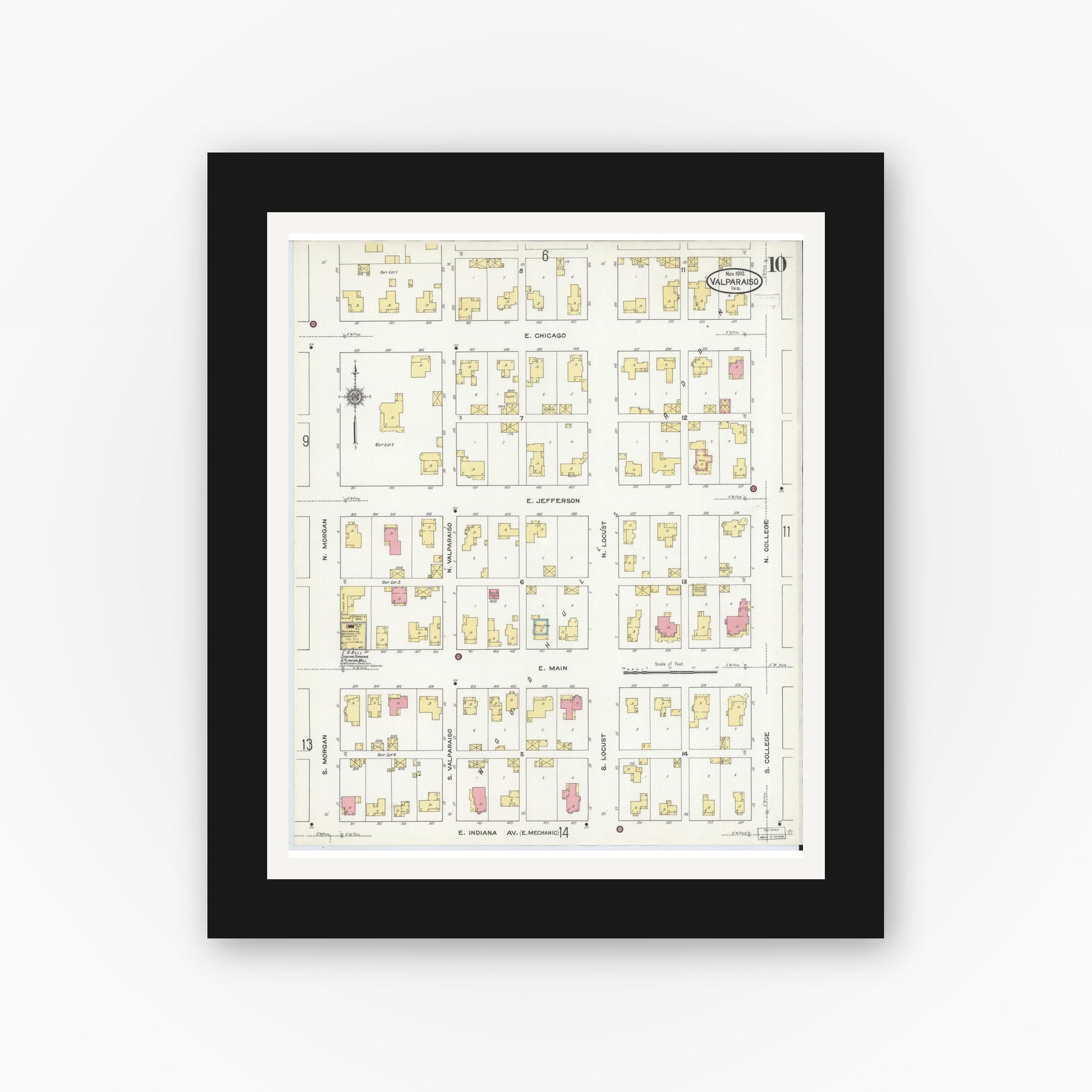 Old map wall art mockup — black gallery frame with white mat — Sanborn Fire Insurance Map from Valparaiso, Porter County, Indiana (1910), Sheet #0010