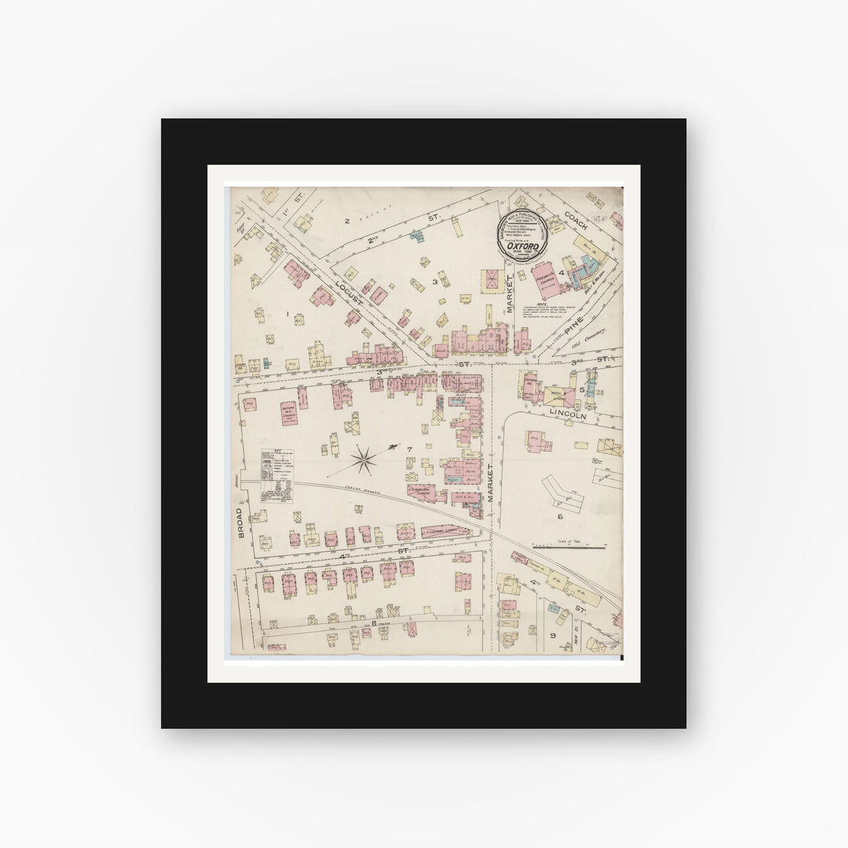 Old map wall art mockup — black gallery frame with white mat — Sanborn Fire Insurance Map from Oxford, Chester County, Pennsylvania (1886), Sheet #0001