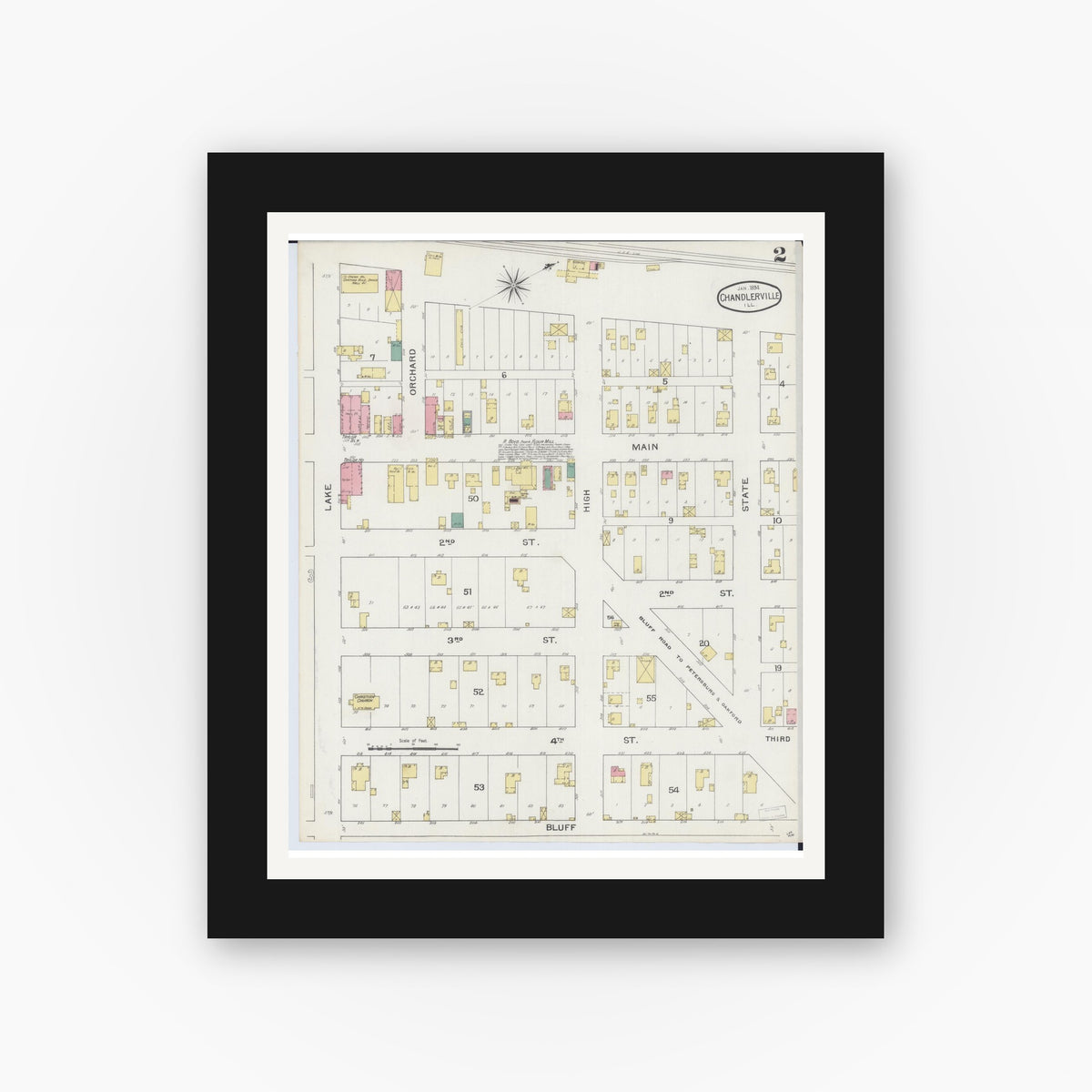 Old map wall art mockup — black gallery frame with white mat — Sanborn Fire Insurance Map from Chandlerville, Cass County, Illinois (1894), Sheet #0002