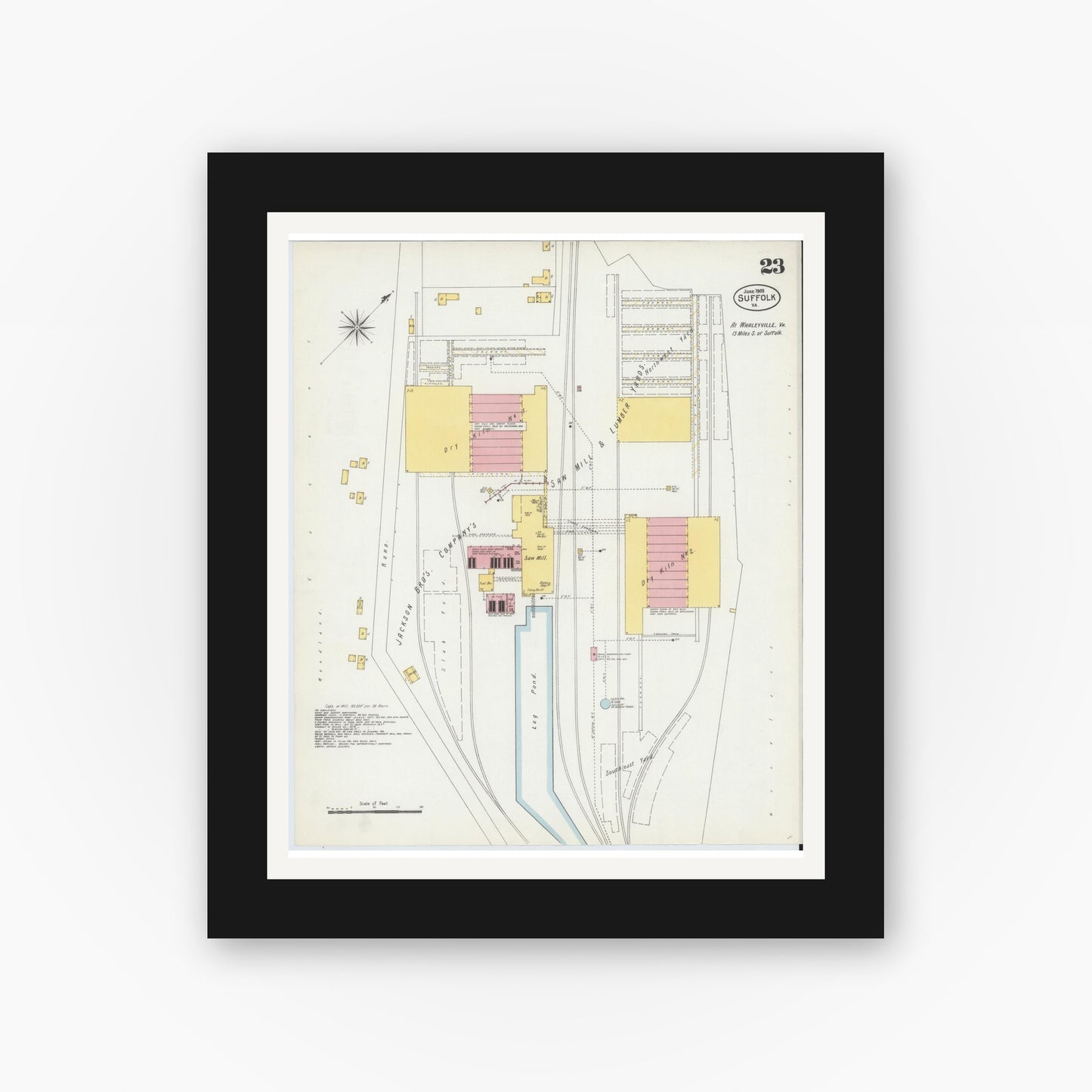 Old map wall art mockup — black gallery frame with white mat — Sanborn Fire Insurance Map from Suffolk, Independent Cities, Virginia (1903), Sheet #0023
