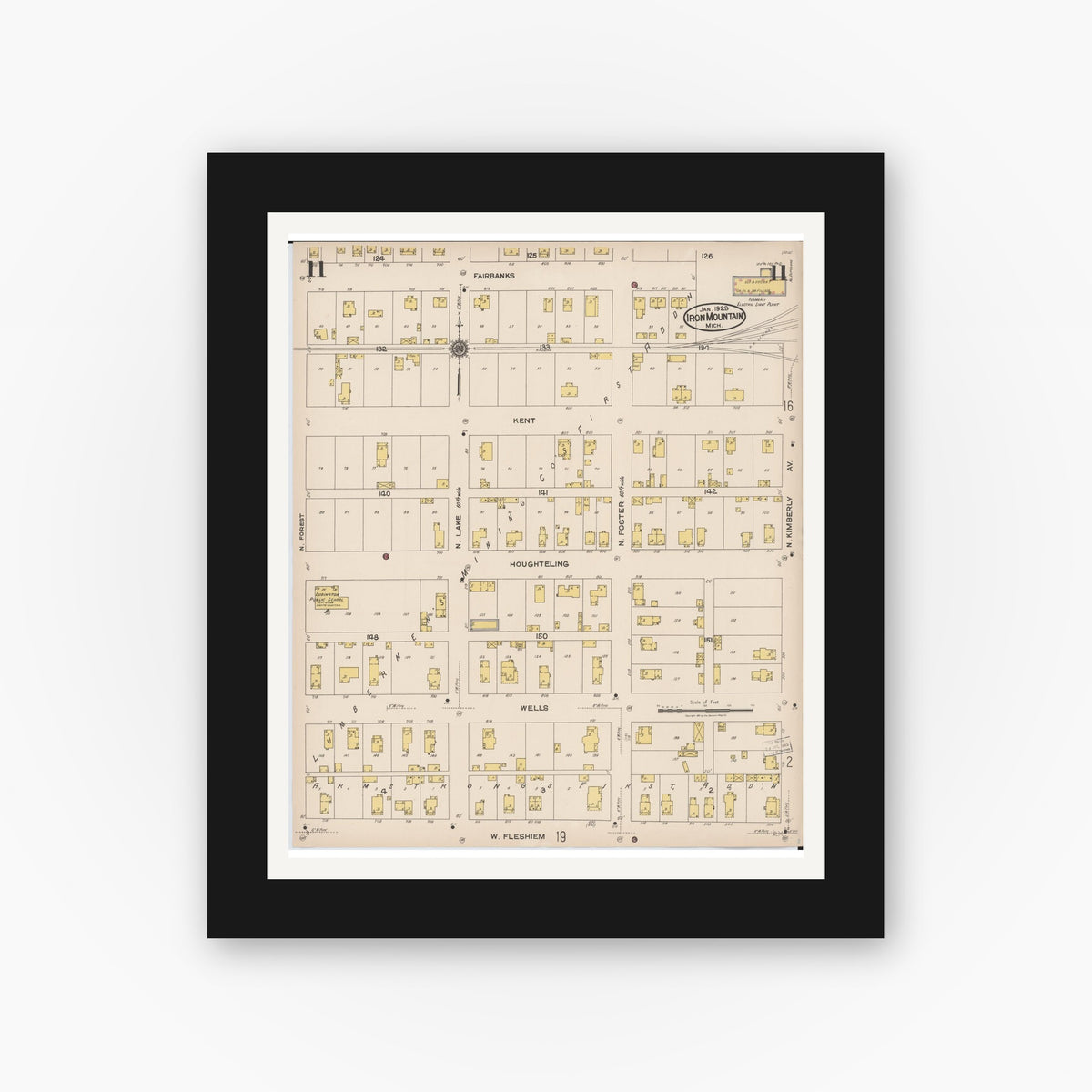 Old map wall art mockup — black gallery frame with white mat — Sanborn Fire Insurance Map from Iron Mountain, Dickinson County, Michigan (1923), Sheet #0011