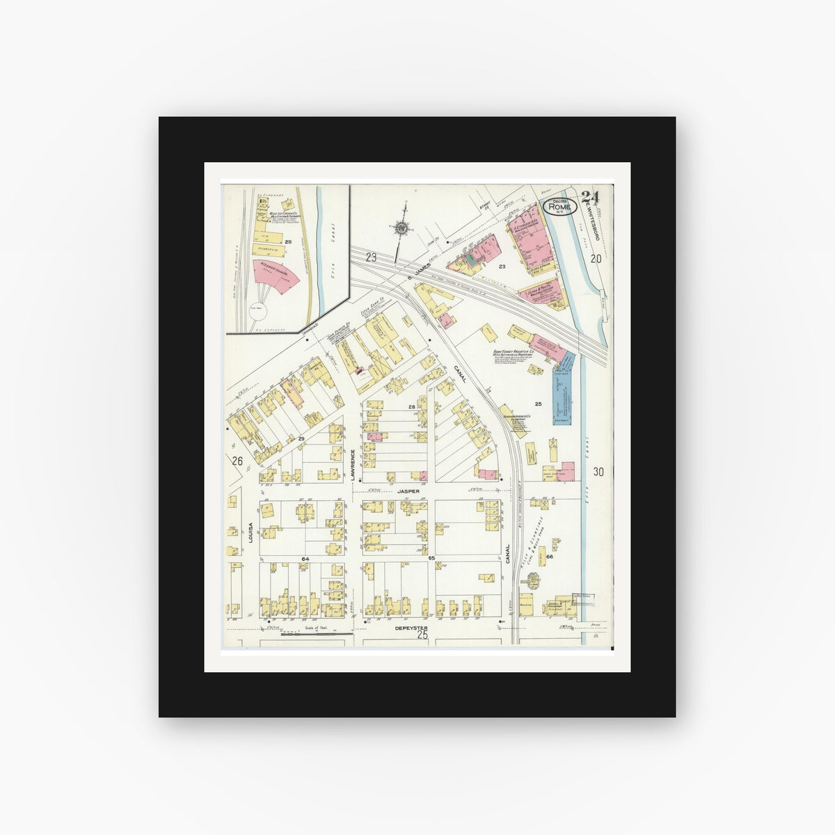 Old map wall art mockup — black gallery frame with white mat — Sanborn Fire Insurance Map from Rome, Oneida County, New York (1909), Sheet #0024