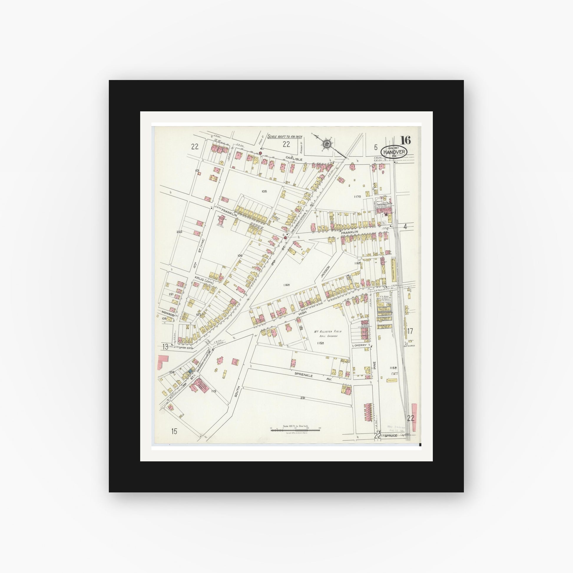 Old map wall art mockup — black gallery frame with white mat — Sanborn Fire Insurance Map from Hanover, York County, Pennsylvania (1917), Sheet #0016