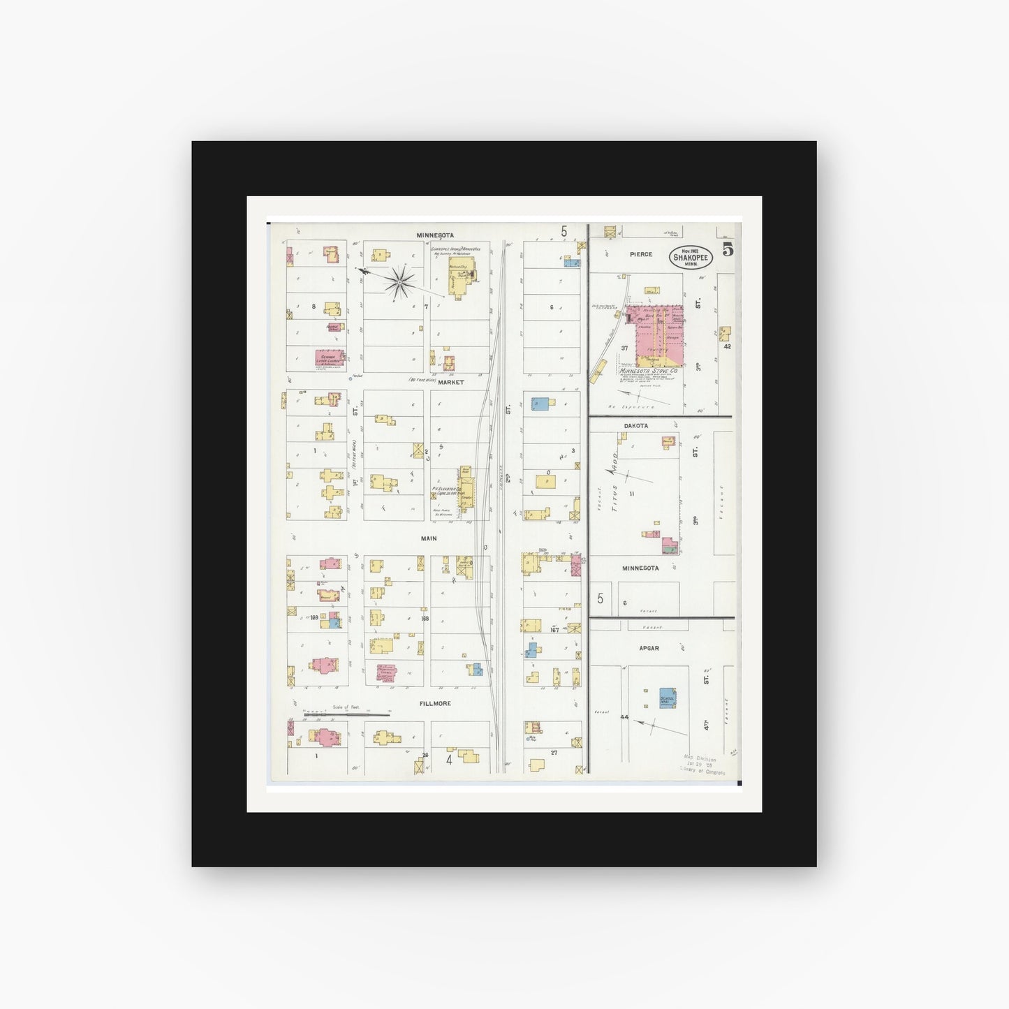 Old map wall art mockup — black gallery frame with white mat — Sanborn Fire Insurance Map from Shakopee, Scott County, Minnesota (1902), Sheet #0005