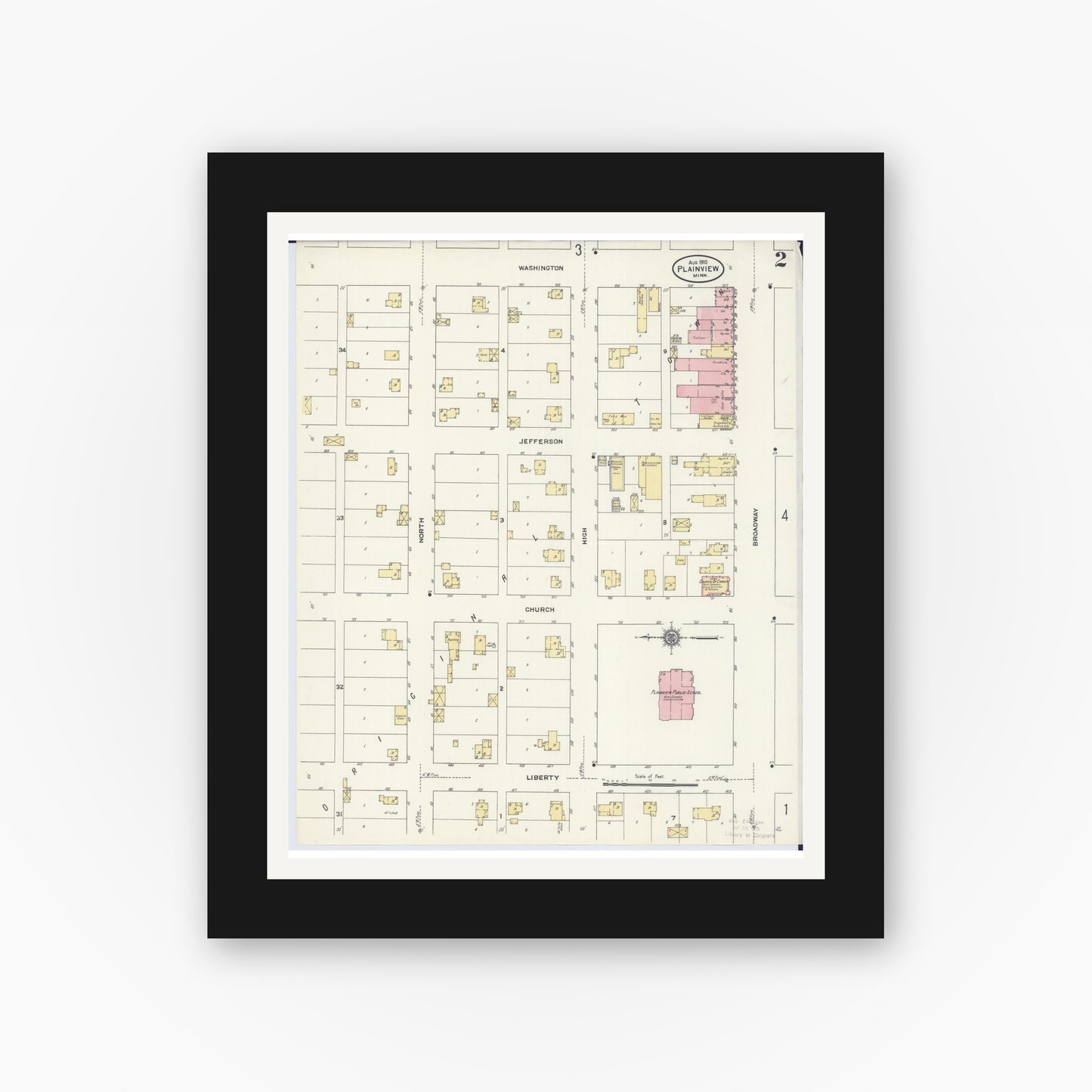 Old map wall art mockup — black gallery frame with white mat — Sanborn Fire Insurance Map from Plainview, Wabasha County, Minnesota (1910), Sheet #0002