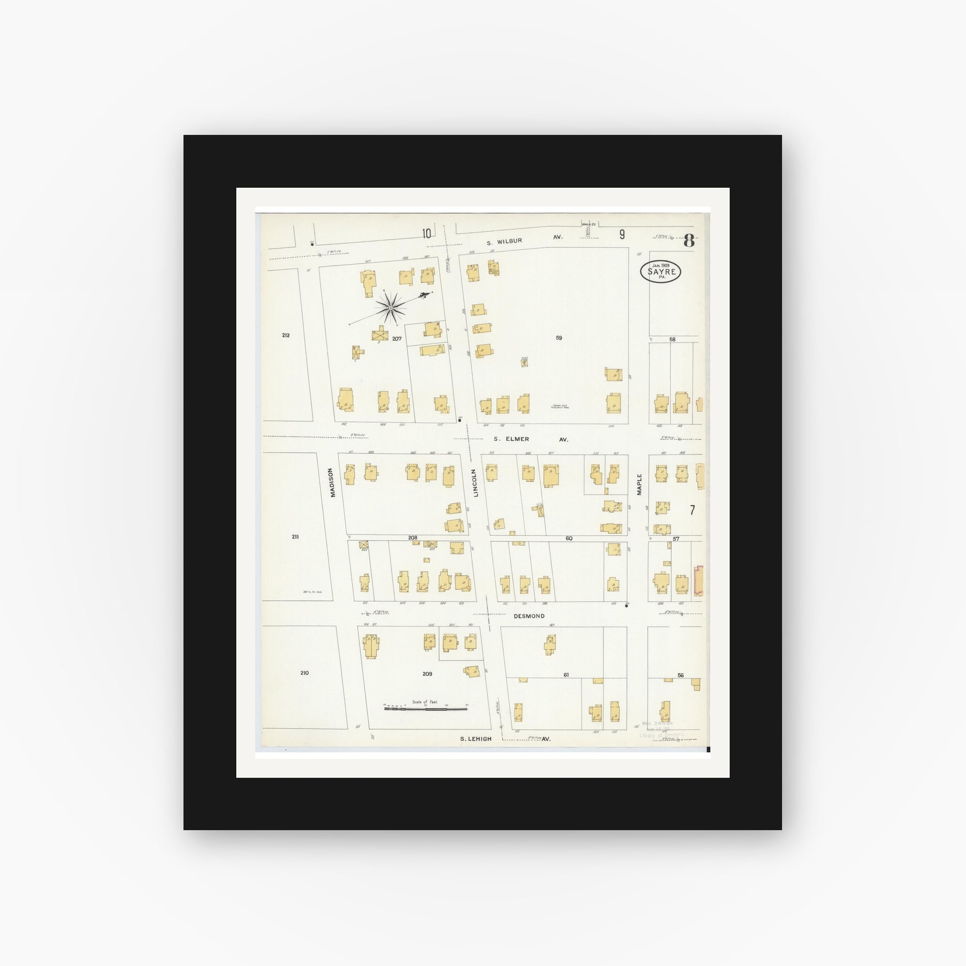 Old map wall art mockup — black gallery frame with white mat — Sanborn Fire Insurance Map from Sayre, Bradford County, Pennsylvania (1909), Sheet #0008