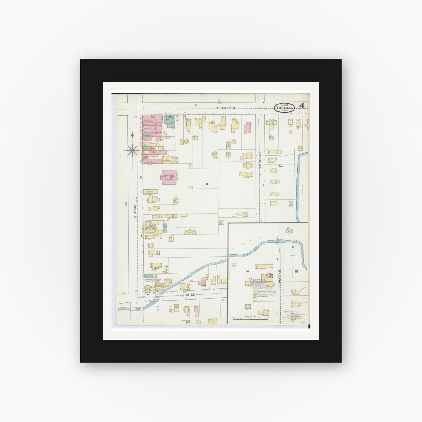 Old map wall art mockup — black gallery frame with white mat — Sanborn Fire Insurance Map from Oberlin, Lorain County, Ohio (1893), Sheet #0004