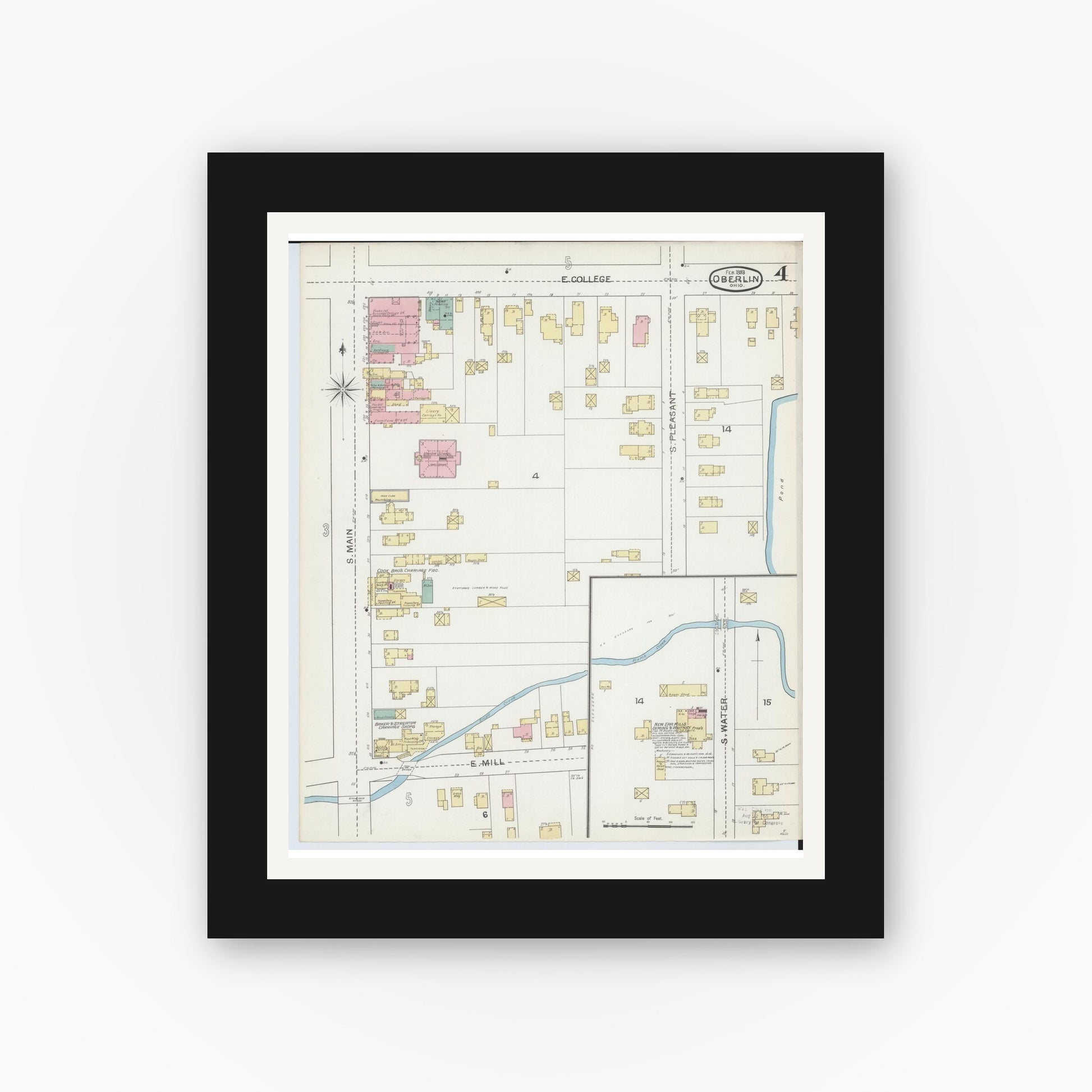 Old map wall art mockup — black gallery frame with white mat — Sanborn Fire Insurance Map from Oberlin, Lorain County, Ohio (1893), Sheet #0004