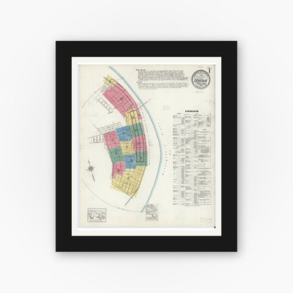 Old map wall art mockup — black gallery frame with white mat — Sanborn Fire Insurance Map from Donora, Washington County, Pennsylvania (1921), Sheet #0001