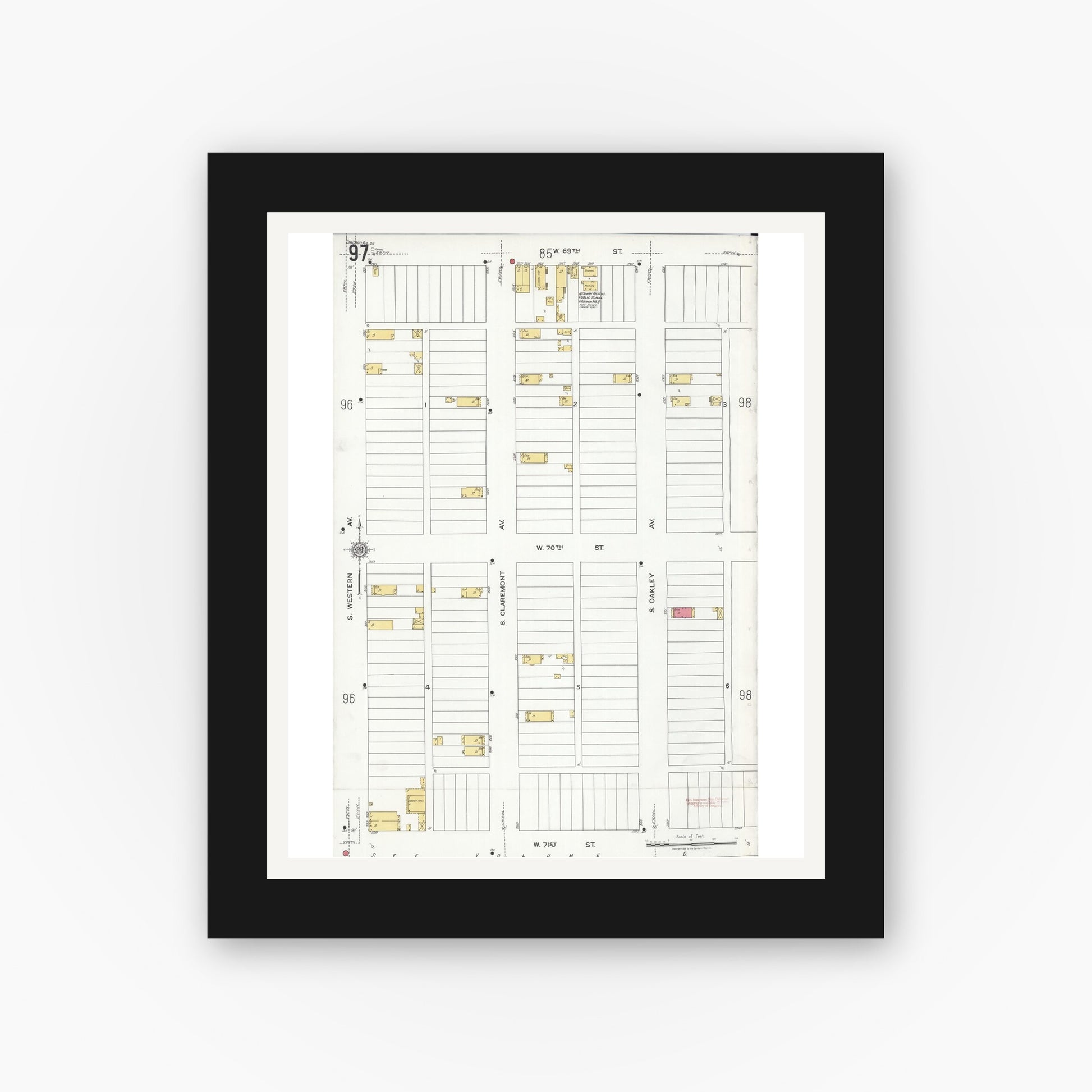 Old map wall art mockup — black gallery frame with white mat — Sanborn Fire Insurance Map from Chicago, Cook County, Illinois (1920), Sheet #0097