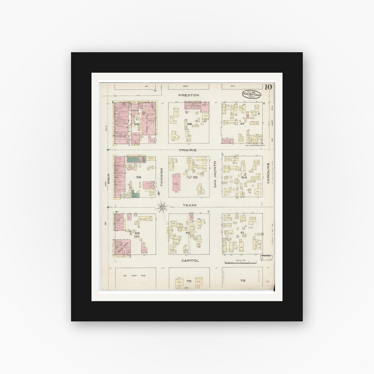 Old map wall art mockup — black gallery frame with white mat — Sanborn Fire Insurance Map from Houston, Harris County, Texas (1885), Sheet #0010