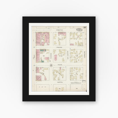 Old map wall art mockup — black gallery frame with white mat — Sanborn Fire Insurance Map from Houston, Harris County, Texas (1885), Sheet #0010