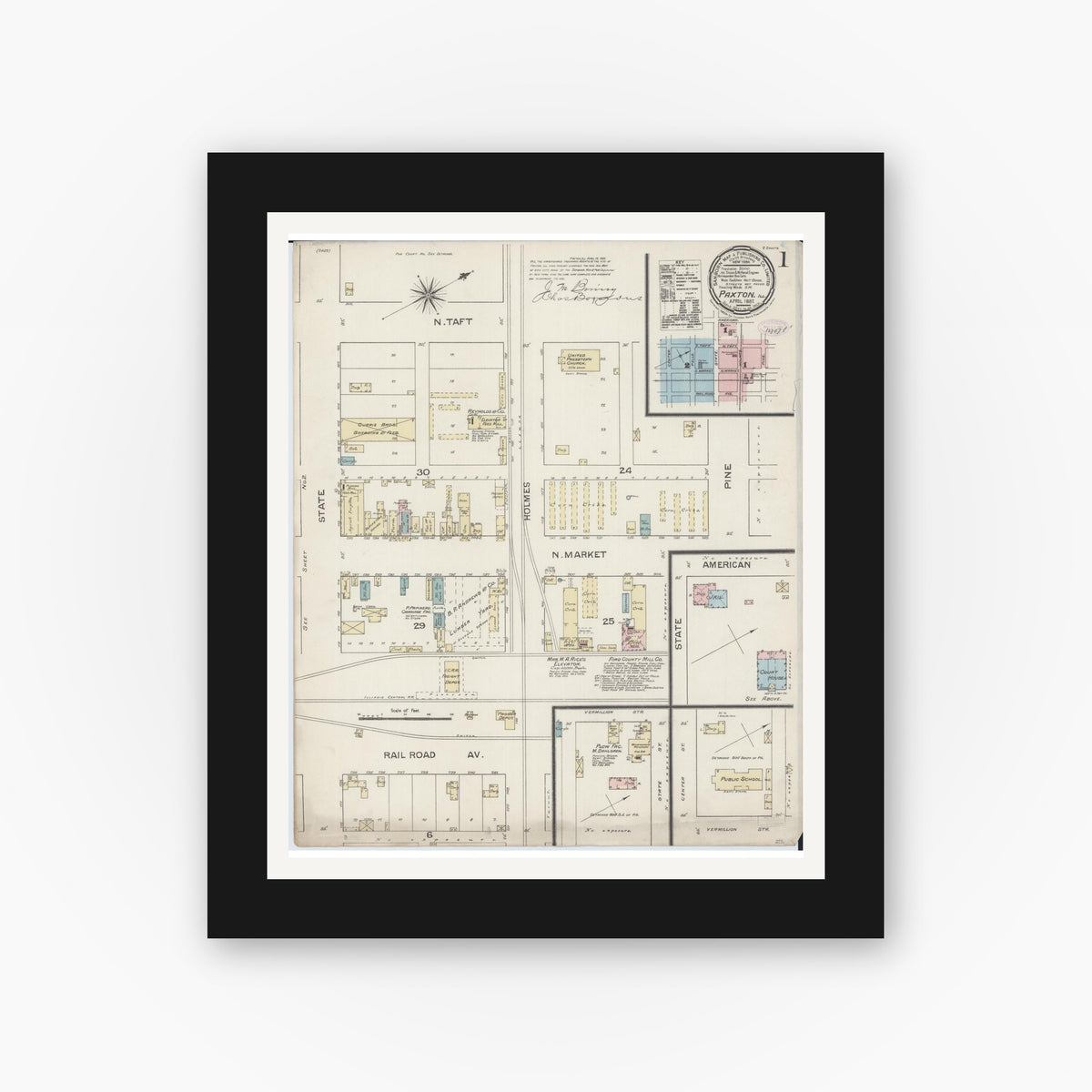 Old map wall art mockup — black gallery frame with white mat — Sanborn Fire Insurance Map from Paxton, Ford County, Illinois (1887) - Complete Map Set