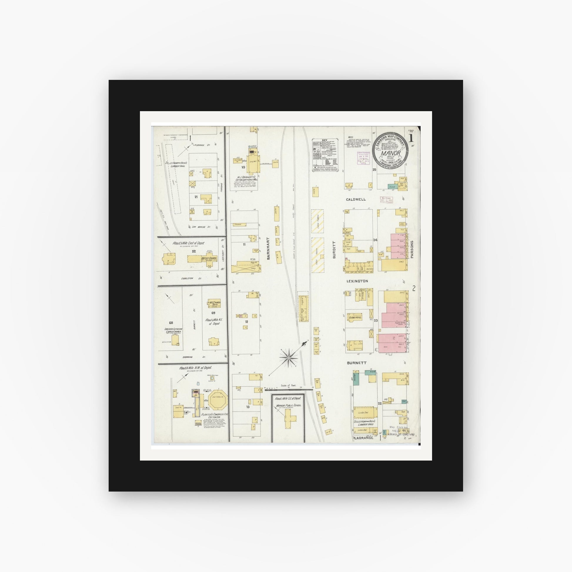 Old map wall art mockup — black gallery frame with white mat — Sanborn Fire Insurance Map from Manor, Travis County, Texas (1905), Sheet #0001
