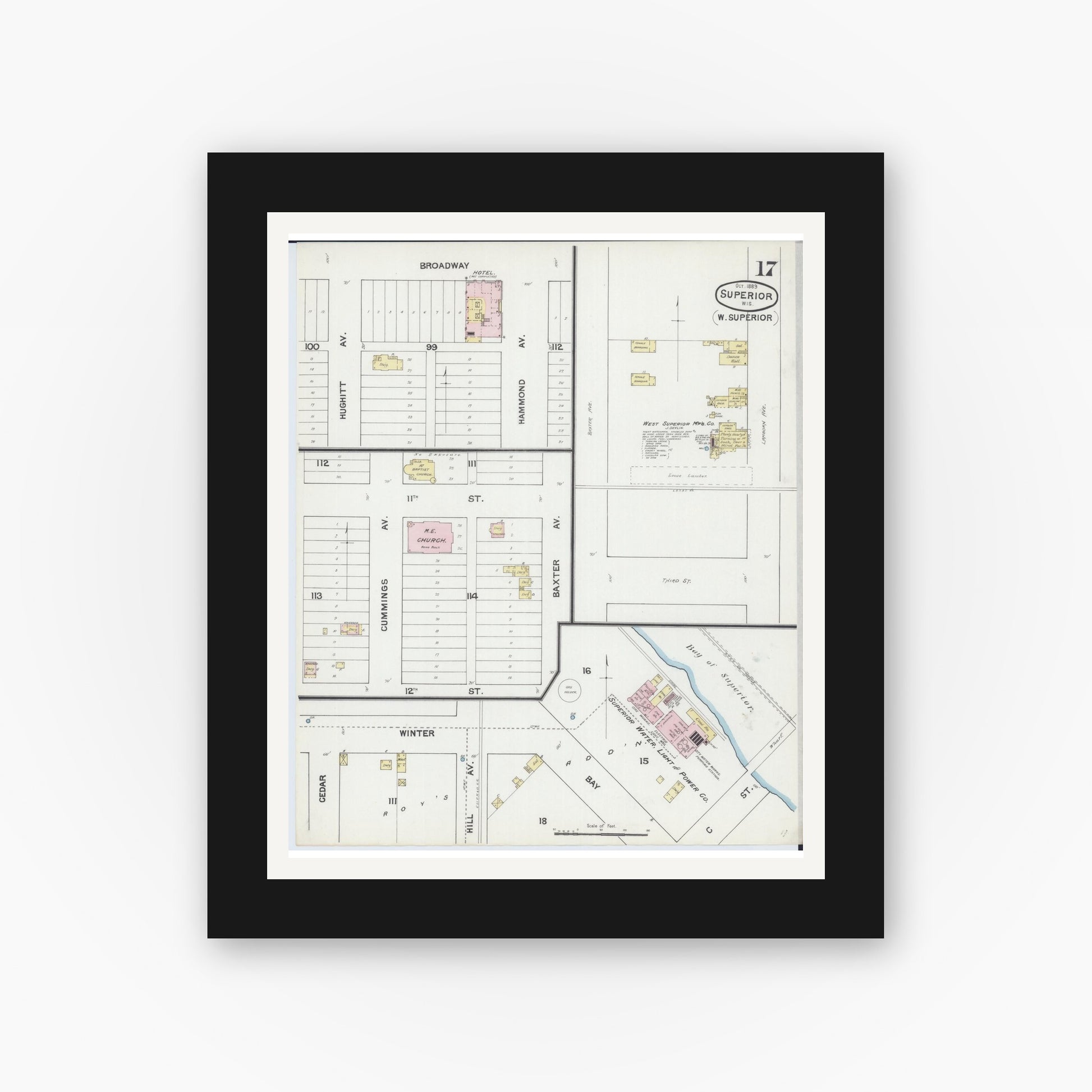Old map wall art mockup — black gallery frame with white mat — Sanborn Fire Insurance Map from Superior, Douglas County, Wisconsin (1889), Sheet #0017