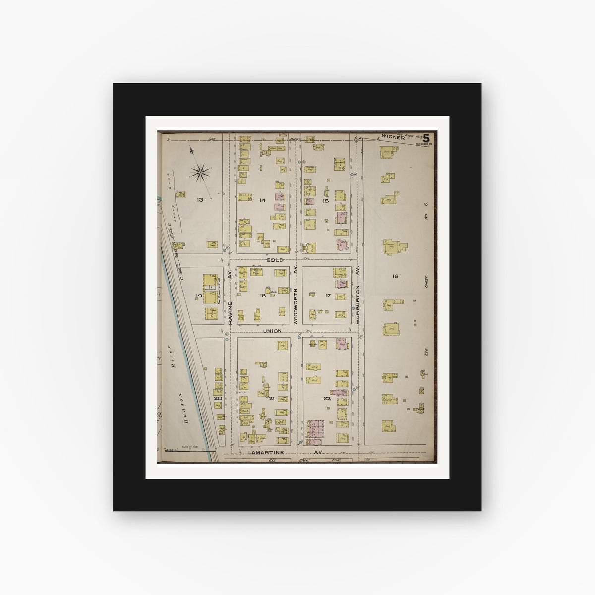 Old map wall art mockup — black gallery frame with white mat — Sanborn Fire Insurance Map from Yonkers, Westchester County, New York (1886), Sheet #0005