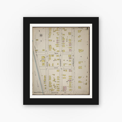 Old map wall art mockup — black gallery frame with white mat — Sanborn Fire Insurance Map from Yonkers, Westchester County, New York (1886), Sheet #0005