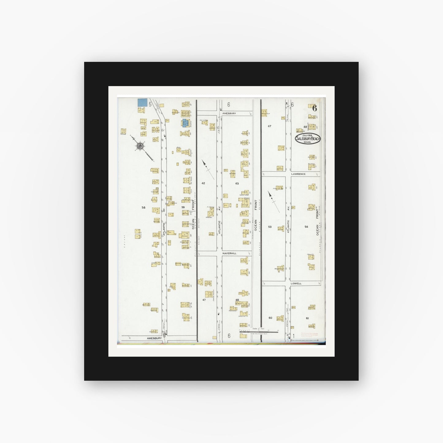 Old map wall art mockup — black gallery frame with white mat — Sanborn Fire Insurance Map from Salisbury, Essex County, Massachusetts (1919), Sheet #0006
