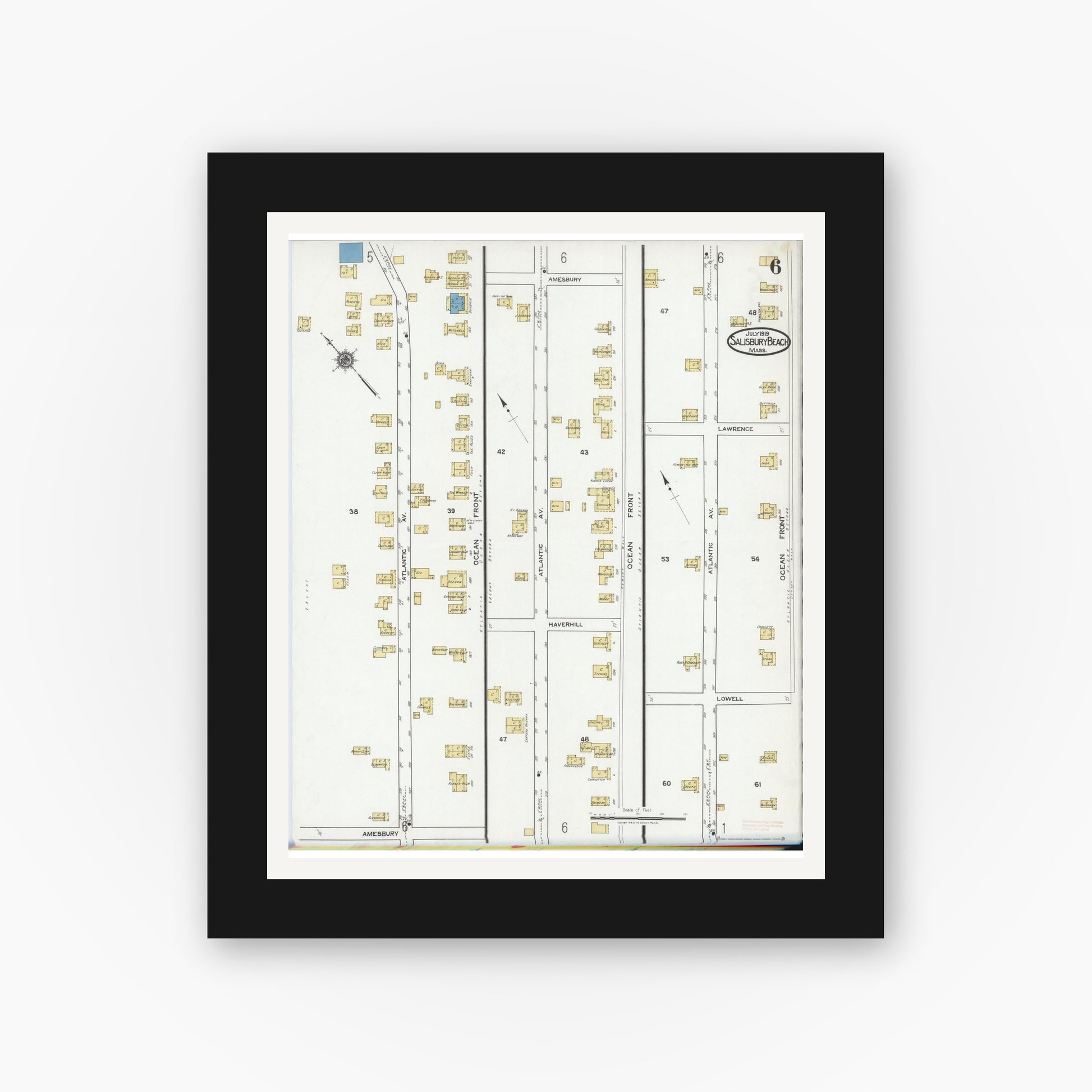 Old map wall art mockup — black gallery frame with white mat — Sanborn Fire Insurance Map from Salisbury, Essex County, Massachusetts (1919), Sheet #0006