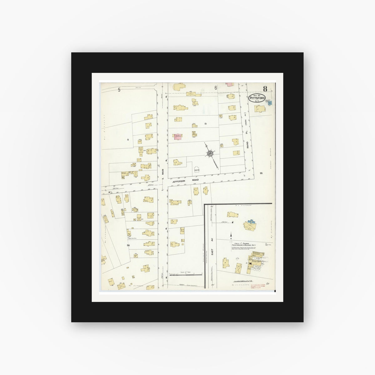 Old map wall art mockup — black gallery frame with white mat — Sanborn Fire Insurance Map from Pittsford, Monroe County, New York (1912), Sheet #0008