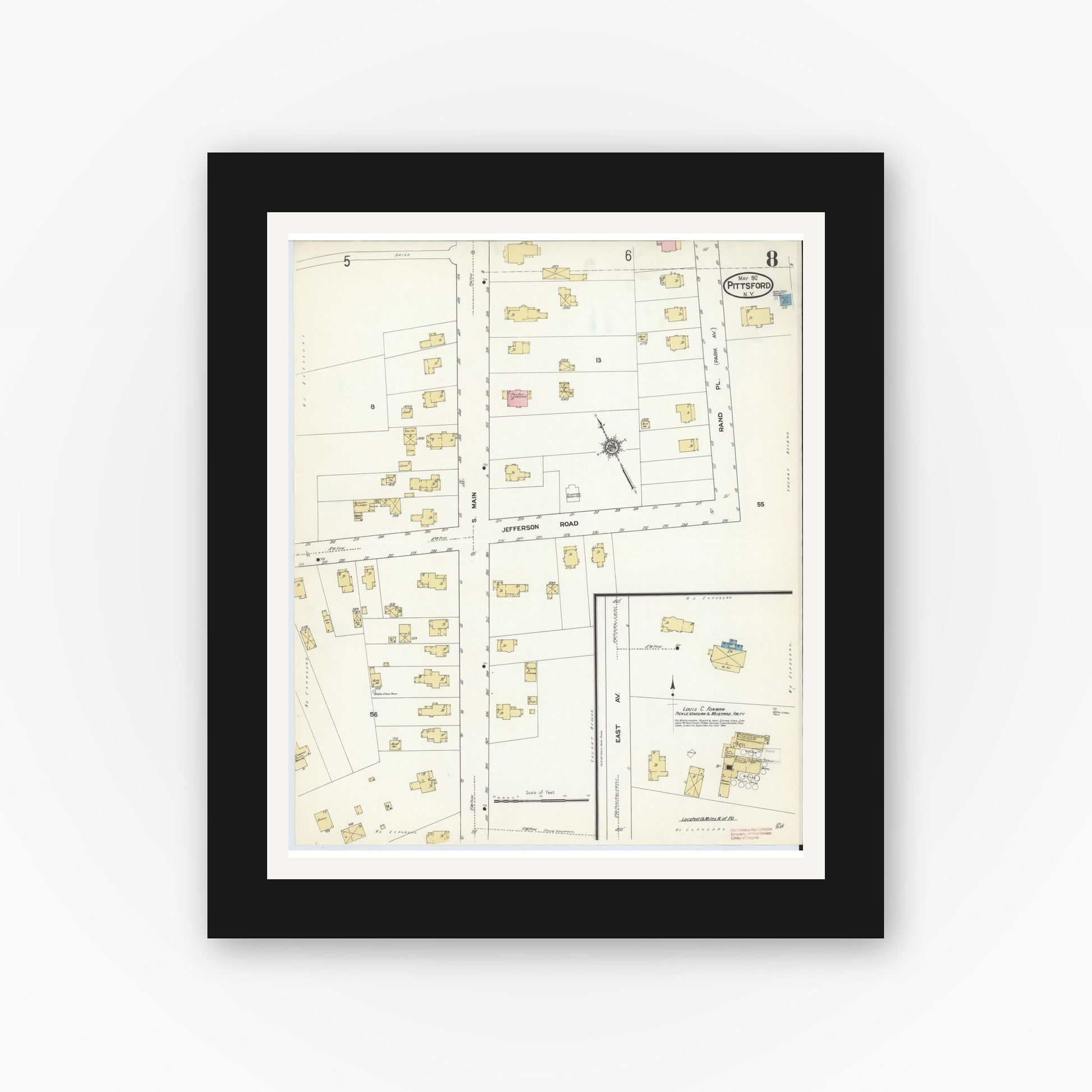 Old map wall art mockup — black gallery frame with white mat — Sanborn Fire Insurance Map from Pittsford, Monroe County, New York (1912), Sheet #0008
