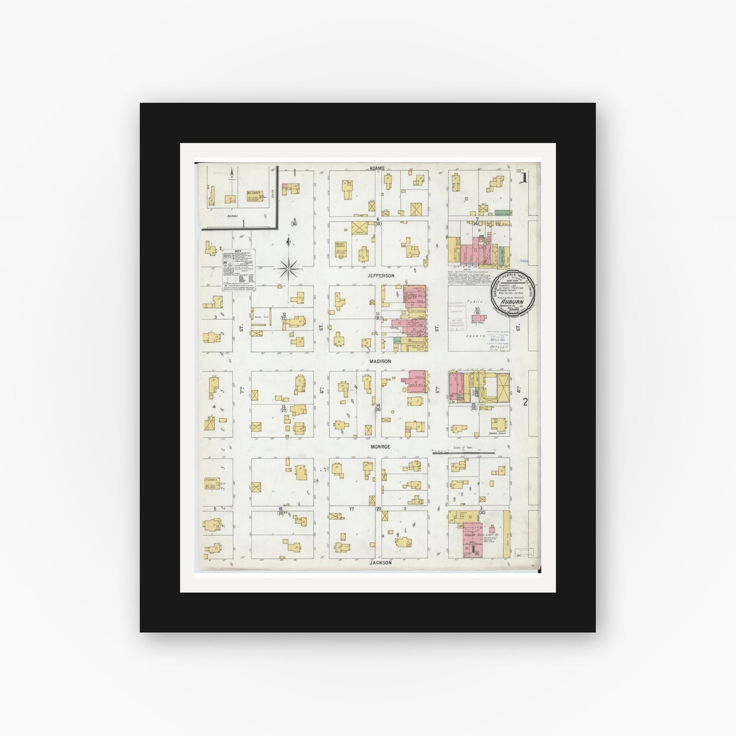 Old map wall art mockup — black gallery frame with white mat — Sanborn Fire Insurance Map from Auburn, Sangamon County, Illinois (1900) - Complete Map Set