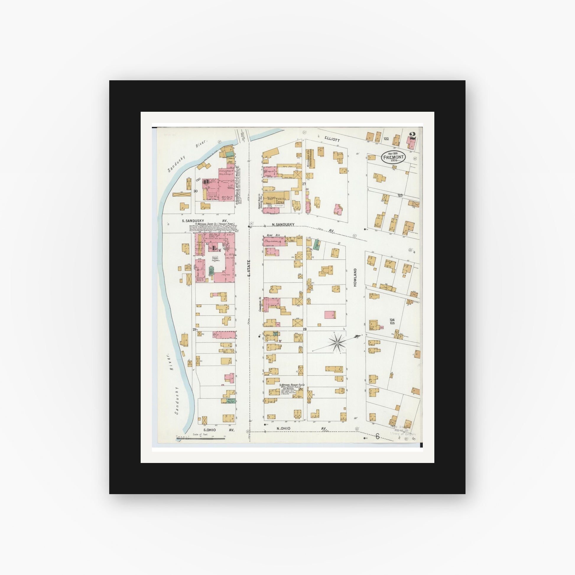 Old map wall art mockup — black gallery frame with white mat — Sanborn Fire Insurance Map from Fremont, Sandusky County, Ohio (1899), Sheet #0002