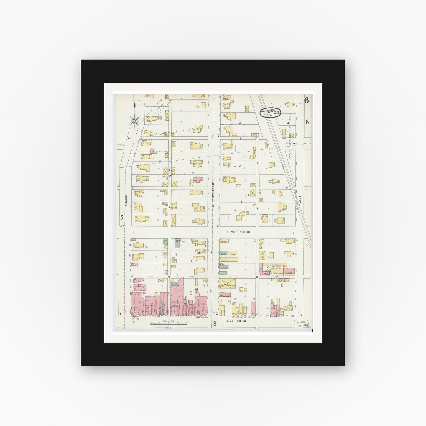 Old map wall art mockup — black gallery frame with white mat — Sanborn Fire Insurance Map from Tipton, Tipton County, Indiana (1896), Sheet #0006