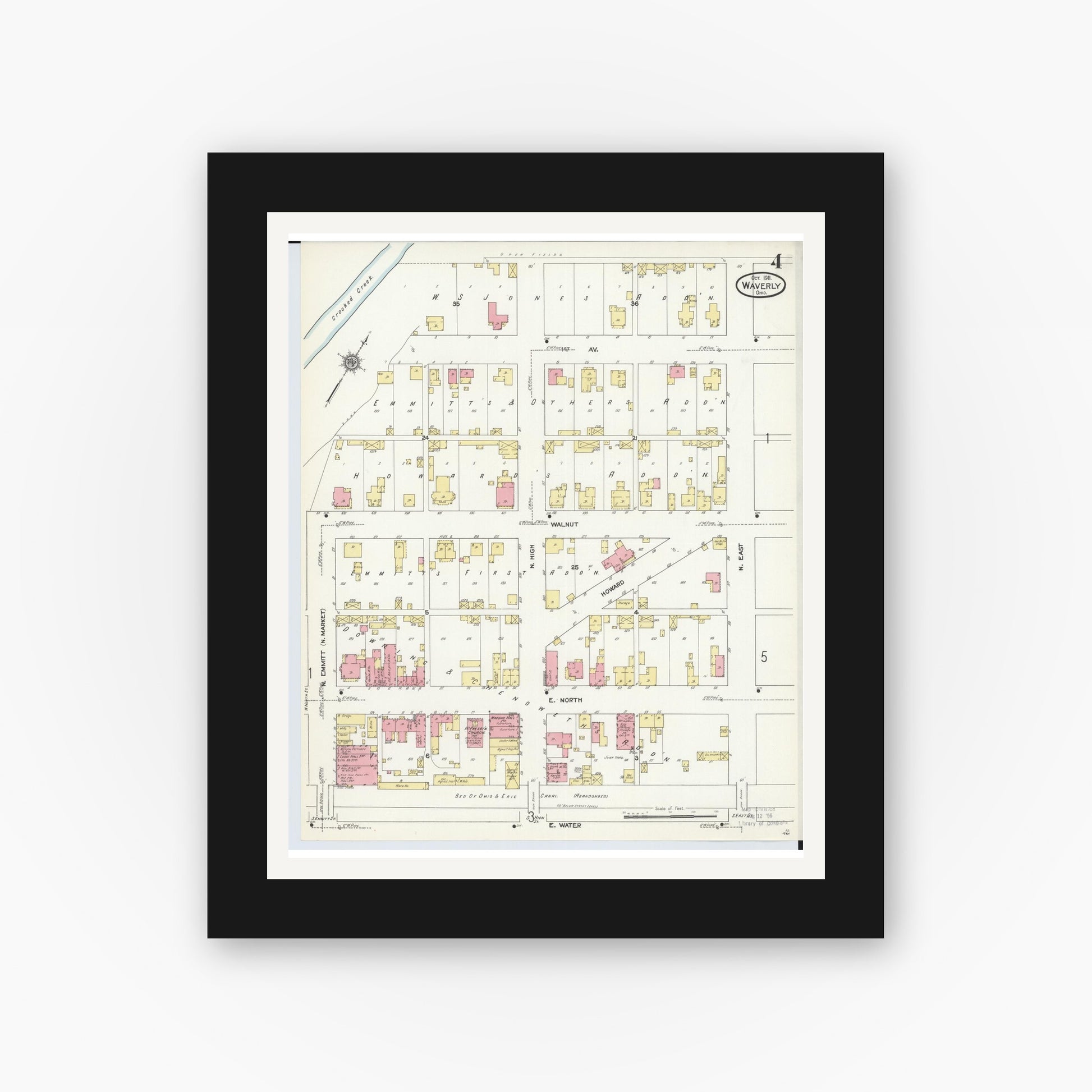 Old map wall art mockup — black gallery frame with white mat — Sanborn Fire Insurance Map from Waverly, Pike County, Ohio (1911), Sheet #0004