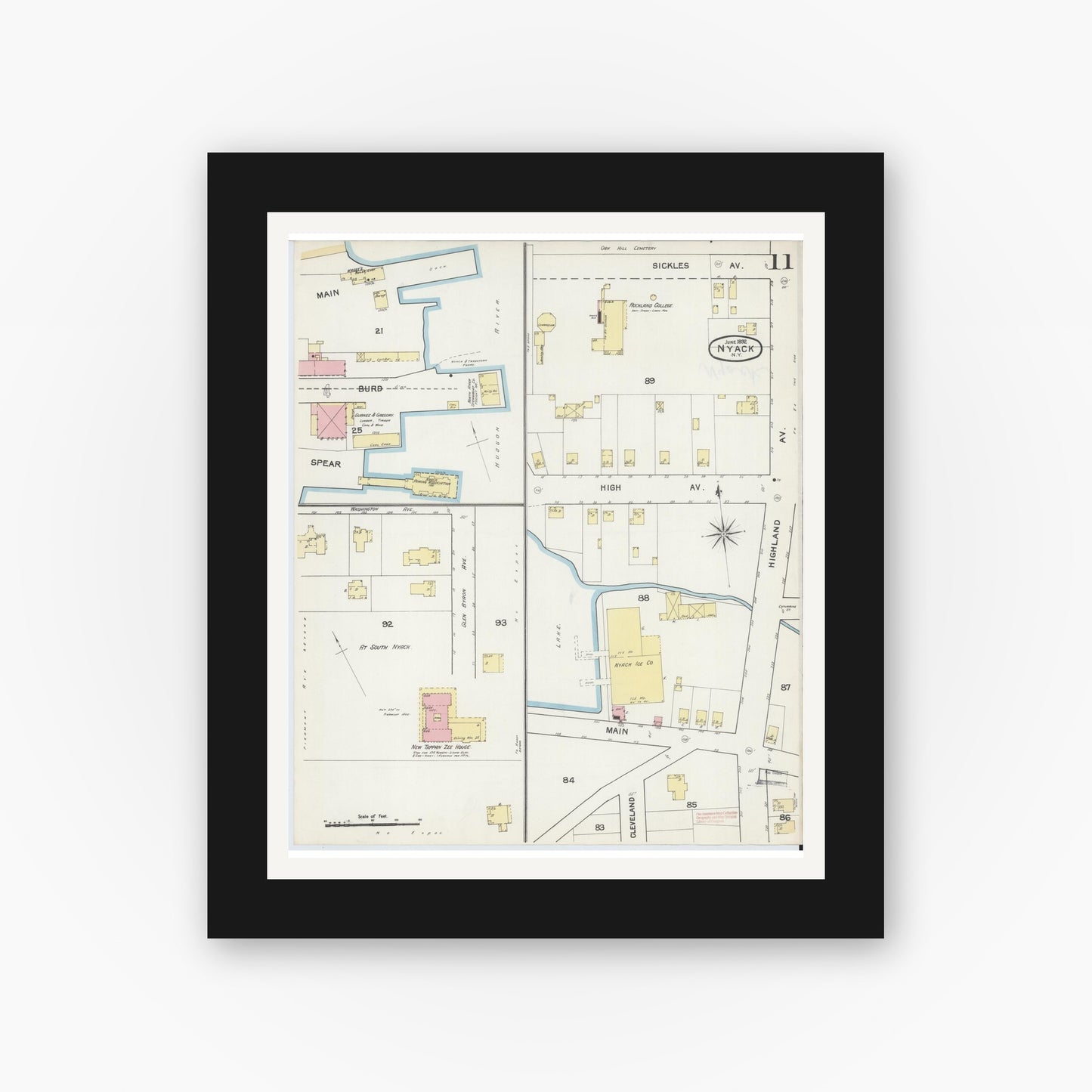 Old map wall art mockup — black gallery frame with white mat — Sanborn Fire Insurance Map from Nyack, Rockland County, New York. (1892), Sheet #0011