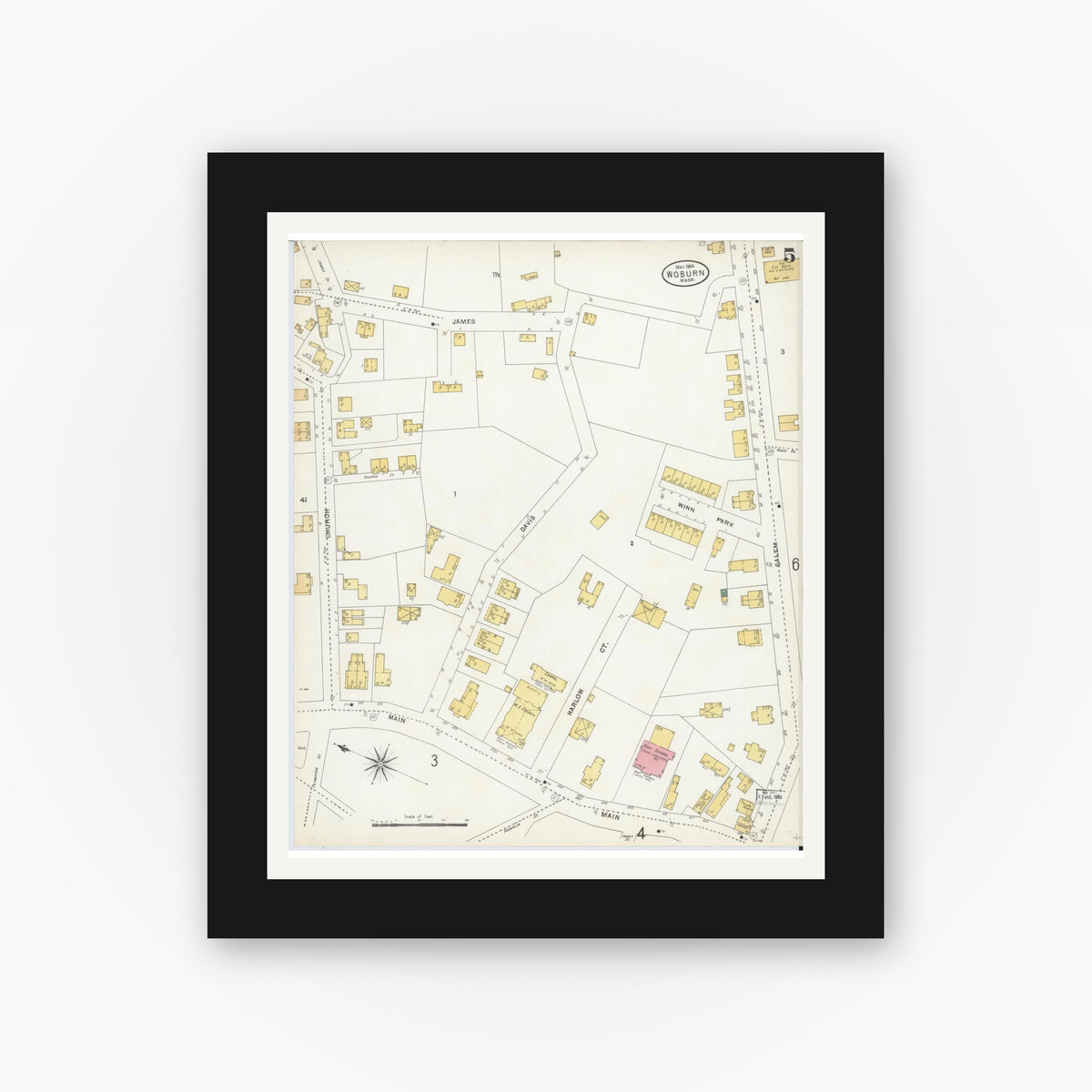 Old map wall art mockup — black gallery frame with white mat — Sanborn Fire Insurance Map from Woburn, Middlesex County, Massachusetts (1904), Sheet #0005