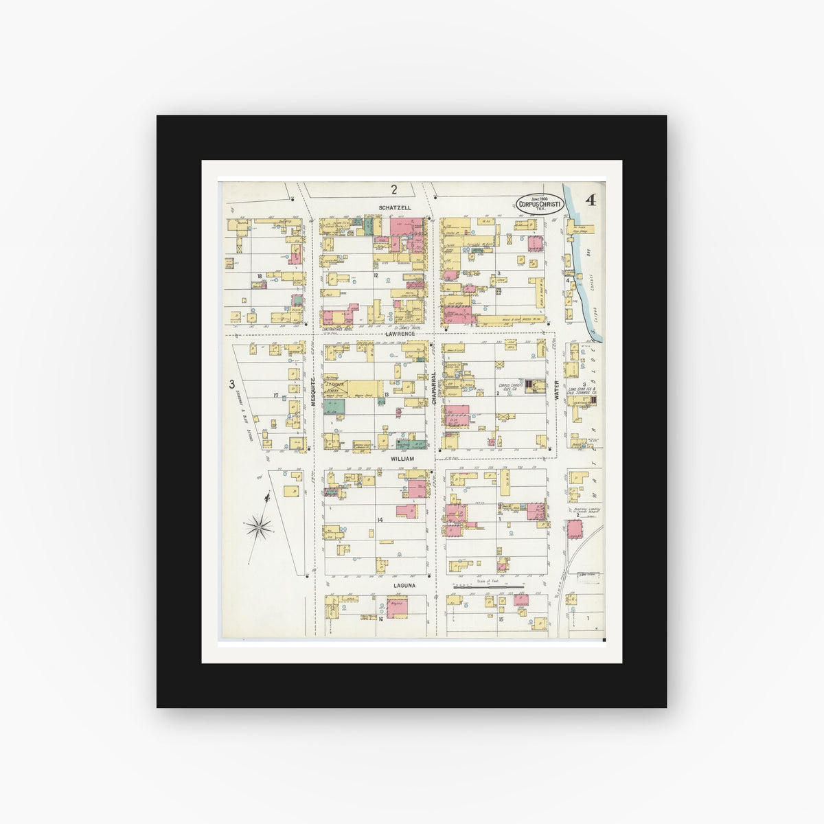 Old map wall art mockup — black gallery frame with white mat — Sanborn Fire Insurance Map from Corpus Christi, Nueces County, Texas (1900), Sheet #0004