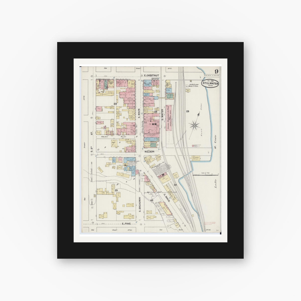 Old map wall art mockup — black gallery frame with white mat — Sanborn Fire Insurance Map from Stillwater, Washington County, Minnesota (1888), Sheet #0009