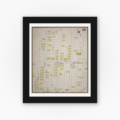 Old map wall art mockup — black gallery frame with white mat — Sanborn Fire Insurance Map from Worcester, Worcester County, Massachusetts (1910), Sheet #0120