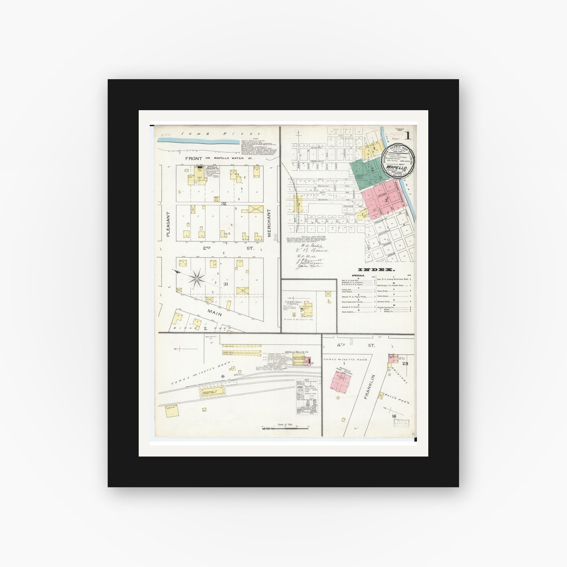 Old map wall art mockup — black gallery frame with white mat — Sanborn Fire Insurance Map from Wapello, Louisa County, Iowa (1893) â€” Complete Set