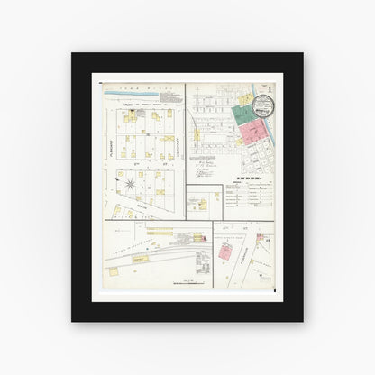 Old map wall art mockup — black gallery frame with white mat — Sanborn Fire Insurance Map from Wapello, Louisa County, Iowa (1893) â€” Complete Set