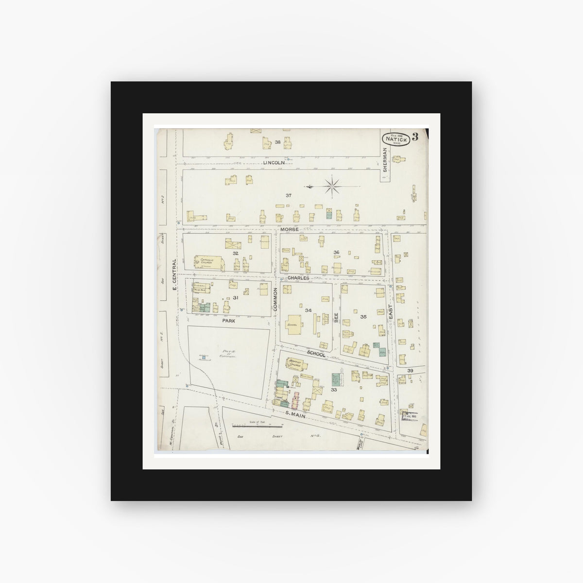 Old map wall art mockup — black gallery frame with white mat — Sanborn Fire Insurance Map from Natick, Middlesex County, Massachusetts (1888), Sheet #0003