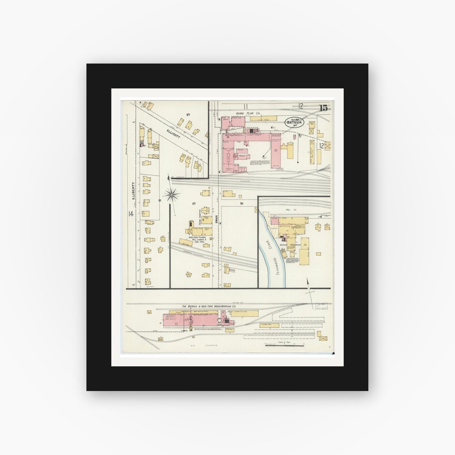 Old map wall art mockup — black gallery frame with white mat — Sanborn Fire Insurance Map from Batavia, Genesee County, New York (1901), Sheet #0015