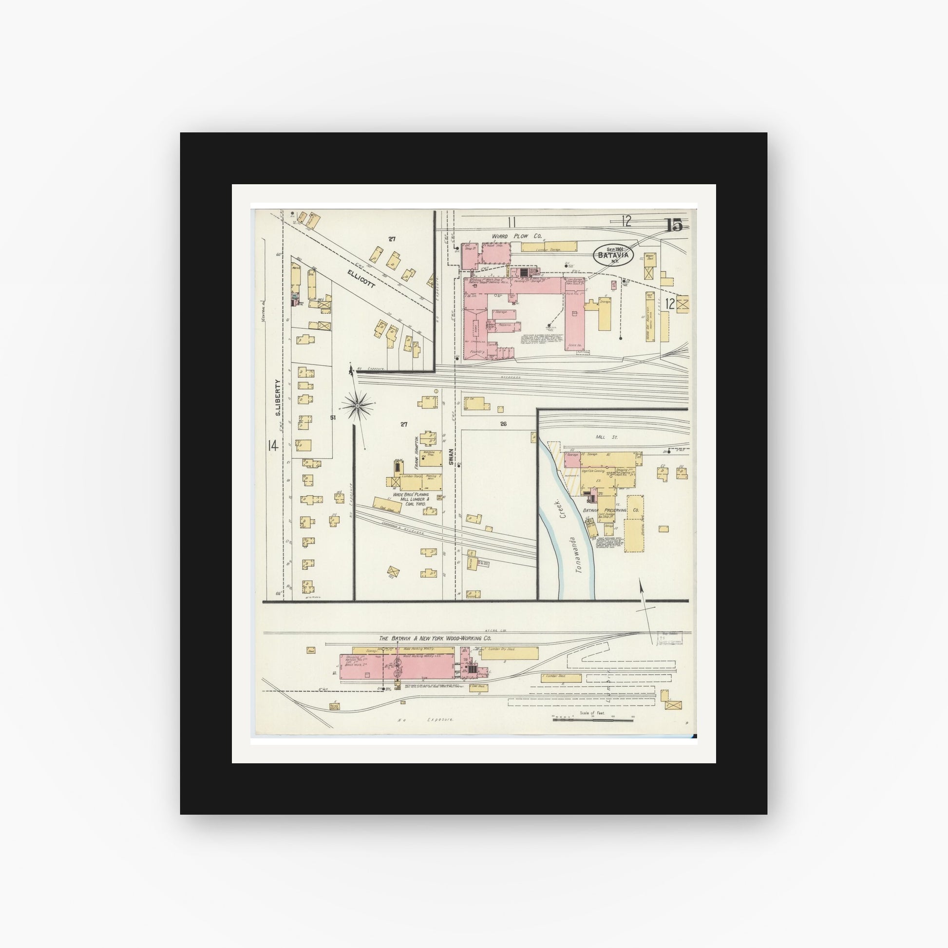 Old map wall art mockup — black gallery frame with white mat — Sanborn Fire Insurance Map from Batavia, Genesee County, New York (1901), Sheet #0015