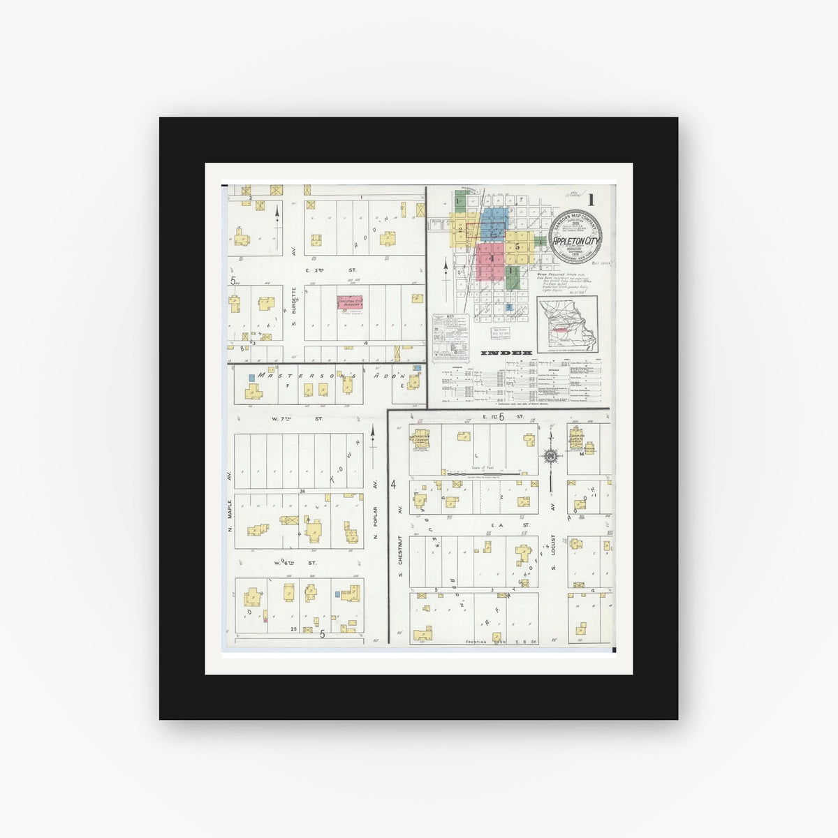 Old map wall art mockup — black gallery frame with white mat — Sanborn Fire Insurance Map from Appleton City, Saint Clair County, Missouri (1918) - Complete Map Set
