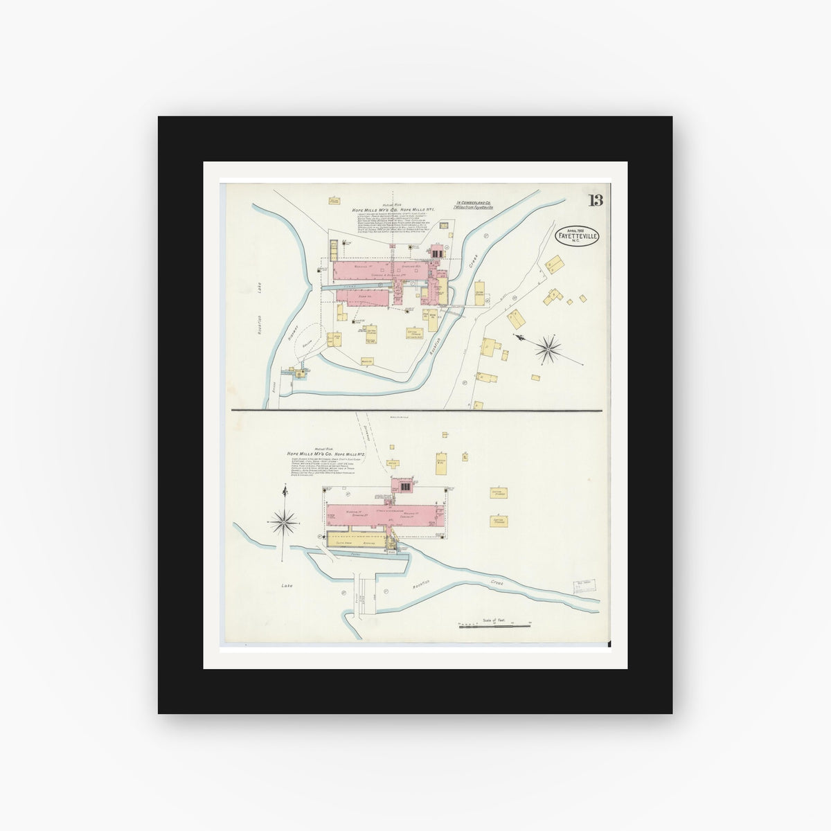 Old map wall art mockup — black gallery frame with white mat — Sanborn Fire Insurance Map from Fayetteville, Cumberland County, North Carolina (1908), Sheet #0013