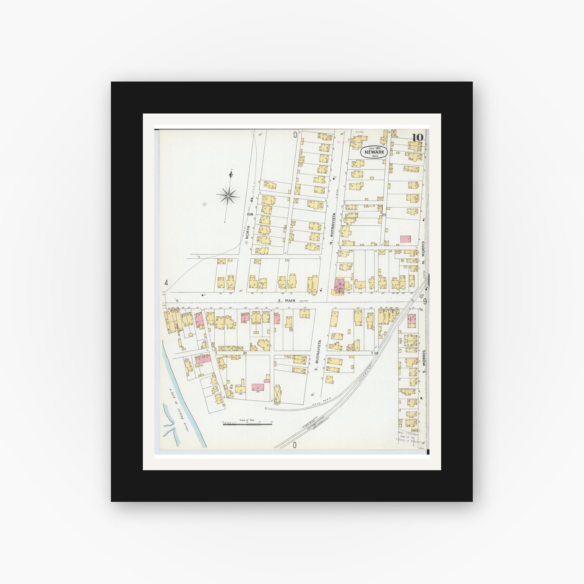 Old map wall art mockup — black gallery frame with white mat — Sanborn Fire Insurance Map from Newark, Licking County, Ohio (1899), Sheet #0010