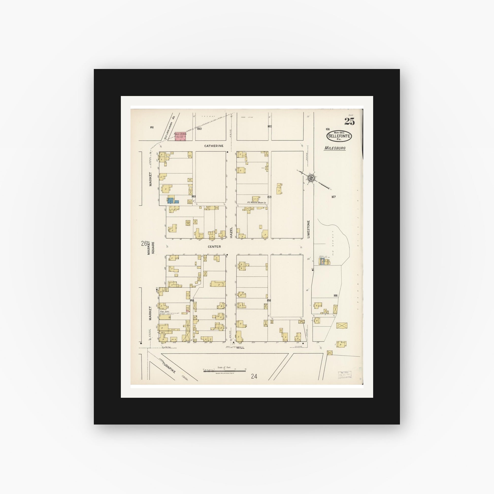 Old map wall art mockup — black gallery frame with white mat — Sanborn Fire Insurance Map from Bellefonte, Centre County, Pennsylvania (1922), Sheet #0025