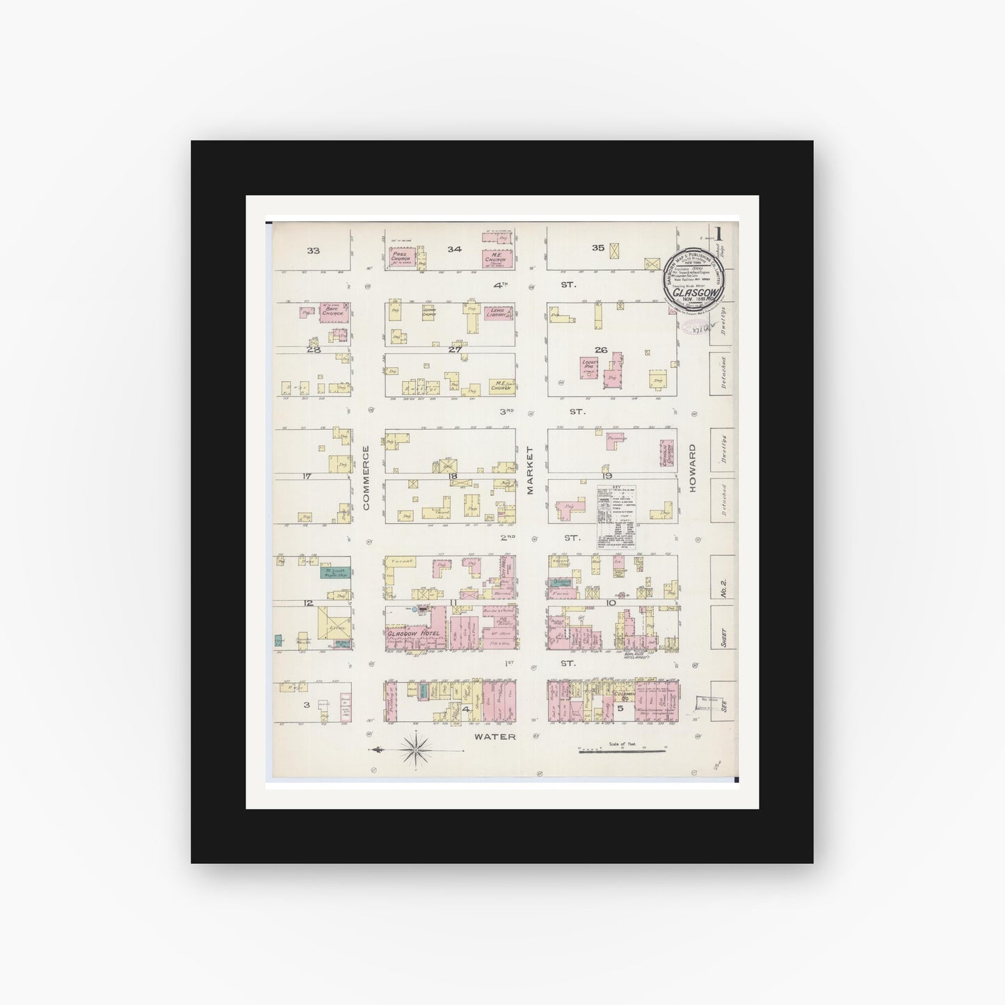 Old map wall art mockup — black gallery frame with white mat — Sanborn Fire Insurance Map from Glasgow, Howard County, Missouri (1885) - Complete Map Set