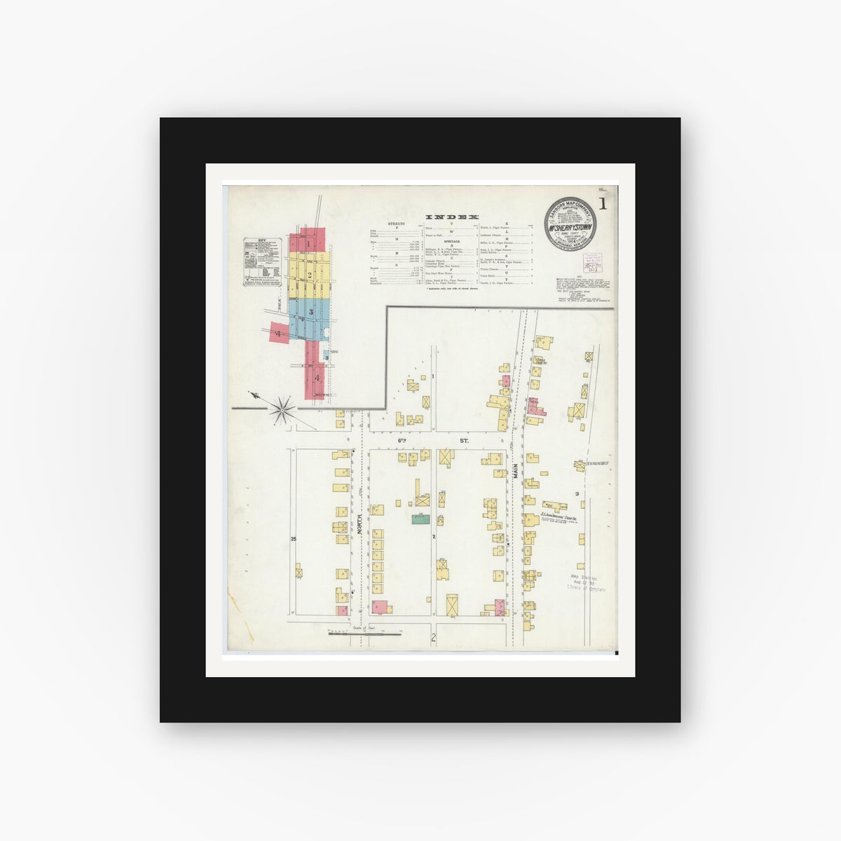 Old map wall art mockup — black gallery frame with white mat — Sanborn Fire Insurance Map from McSherrystown, Adams County, Pennsylvania (1904) - Complete Map Set
